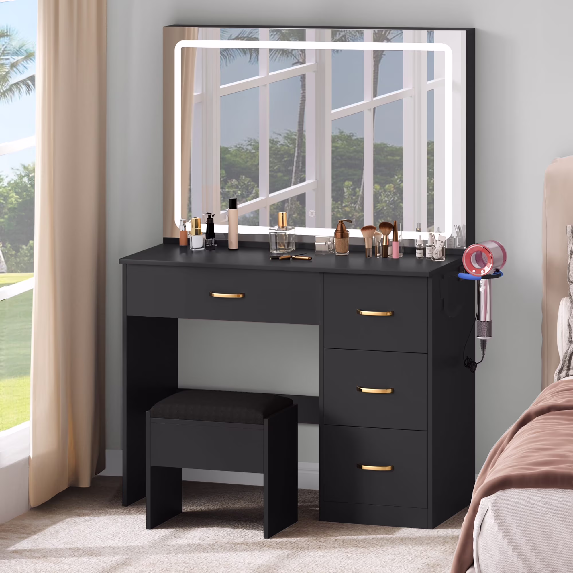 Dextrus Makeup Vanity Desk with Large Lighted Mirror and Storage - Enhance Your Beauty, Routine 4 Drawer Vanity Table with Cushioned Stool, Milky-White