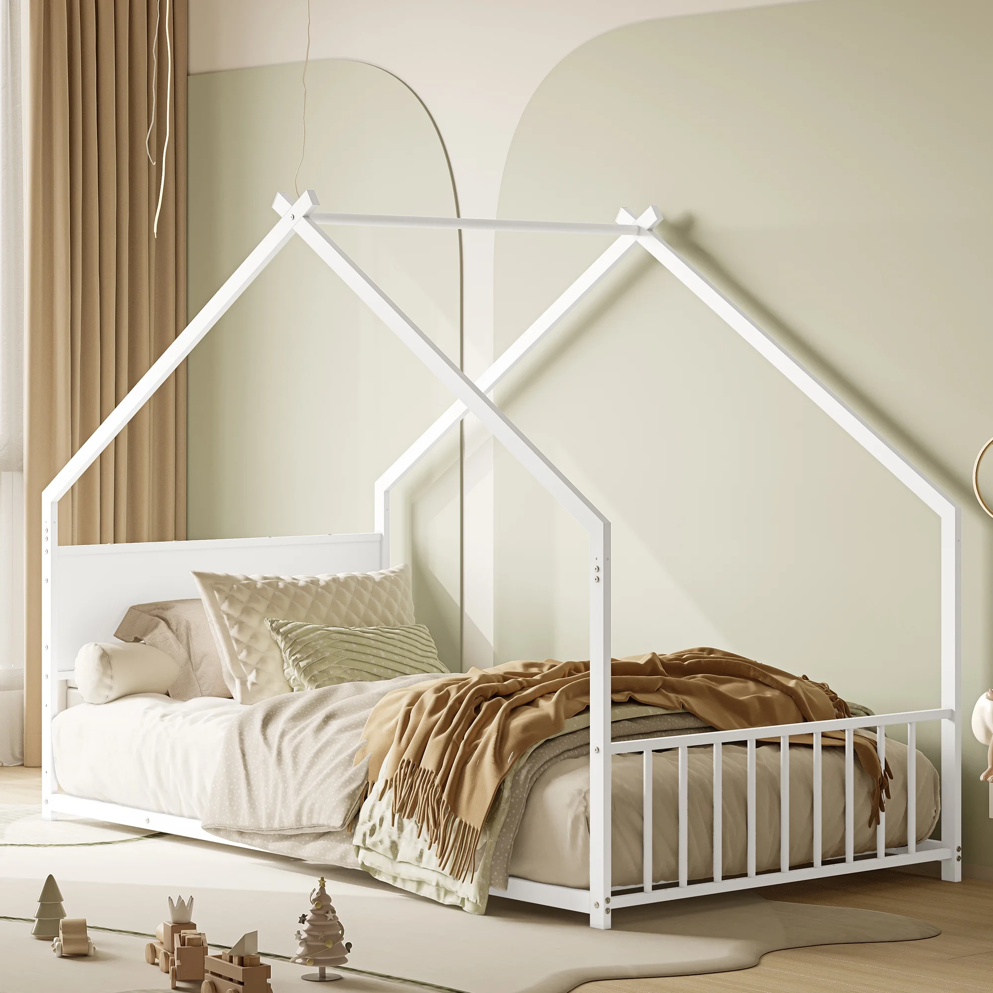 EXRACING Twin Size House Bed with Roof and Colorful Lights, Metal Bed Frame with Slats and Legs, House Bed for Boy, Girls and Young Teens, No Box Spring Needed (White)