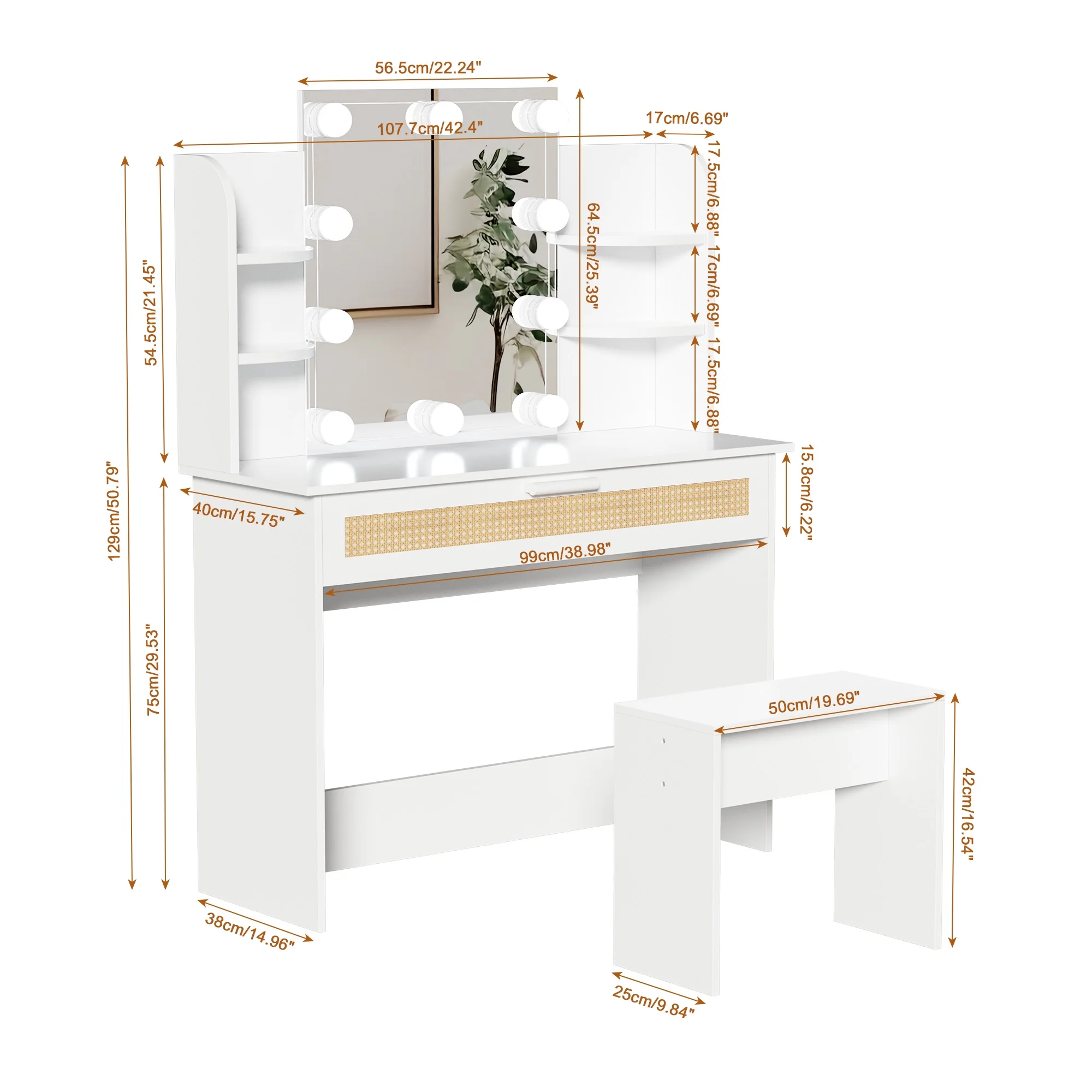 Resenkos Vanity Desk Set with Mirror and Lights for Makeup, 5 Drawers Storage Dresser for Bedroom, White
