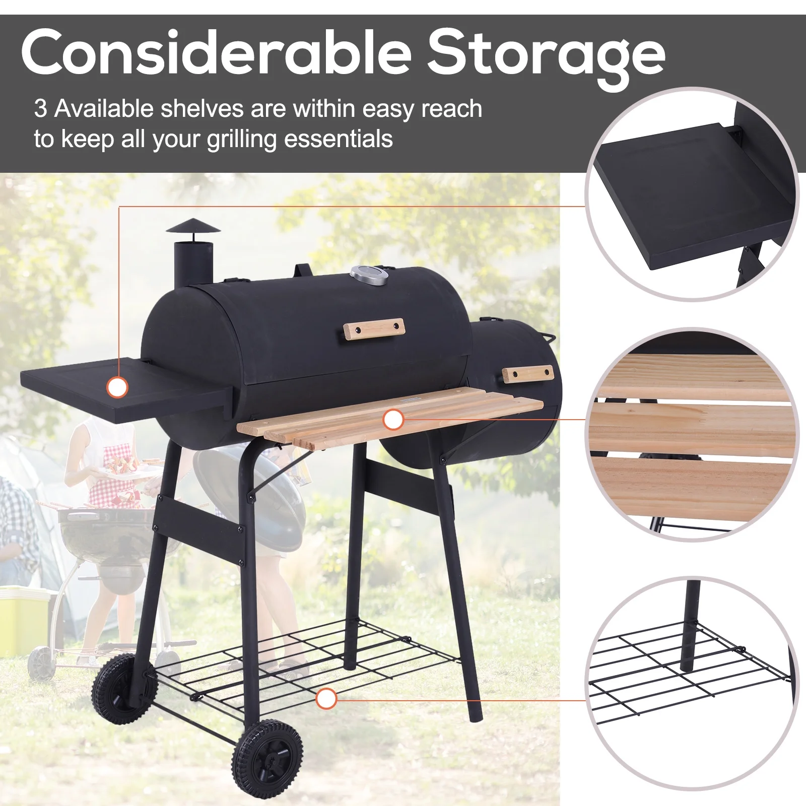 BINUFF  Portable Steel BBQ Grill & Offset Smoker Combo Wheels 48