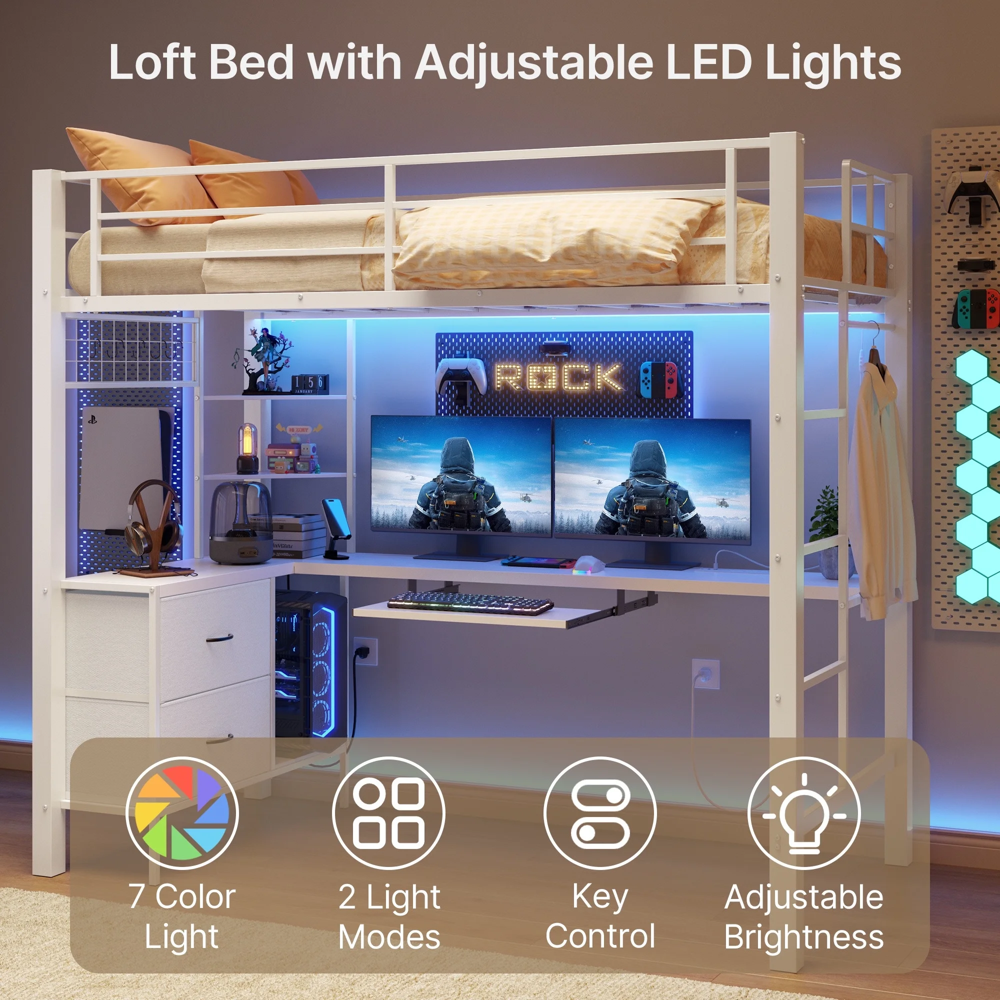 Loft Bed Frame with L-Shaped Writing Desk with Storage Drawers and Shelves, Lofka Twin Metal Bed with LED Lights and Charging Station, Retro Brown Board