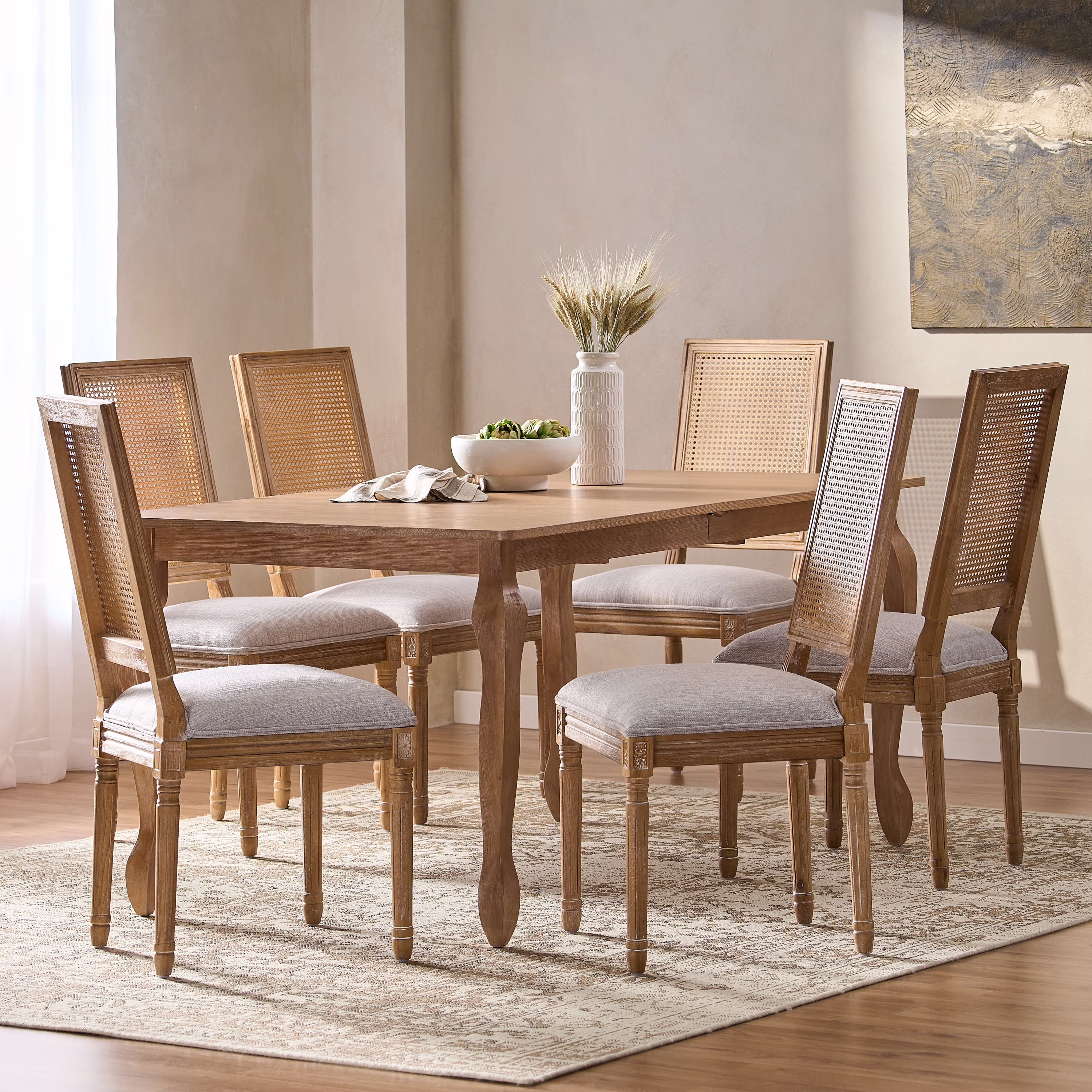 Noble House Fescue Fabric Upholstered Wood and Cane Expandable 7 Piece Dining Set, Gray and Black