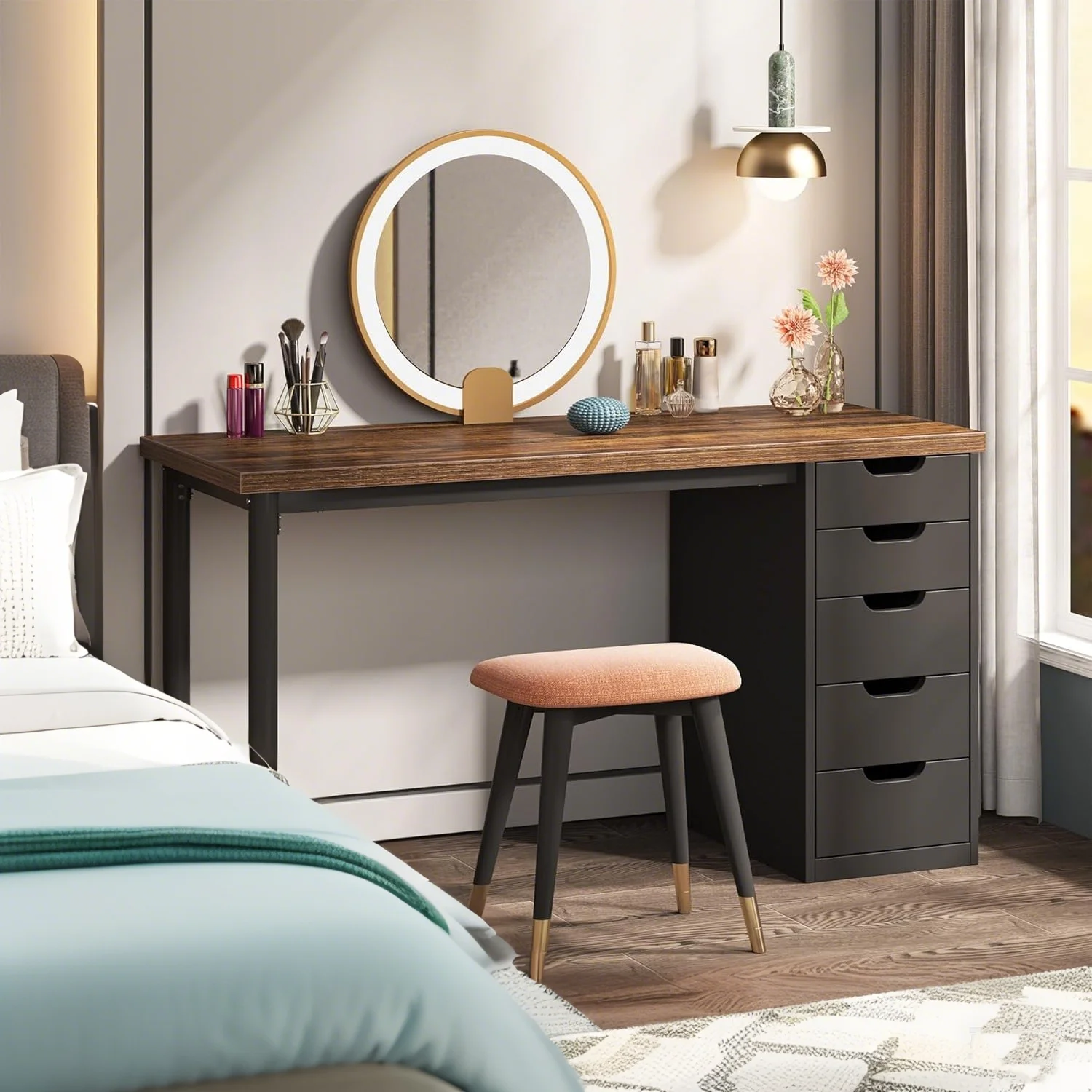 Tribesigns 47 inches Vanity Desk with 5 Drawers, Rustic Makeup Dressing Table with Storage, Modern Simple Computer Desk for Women, Girls (Brown)