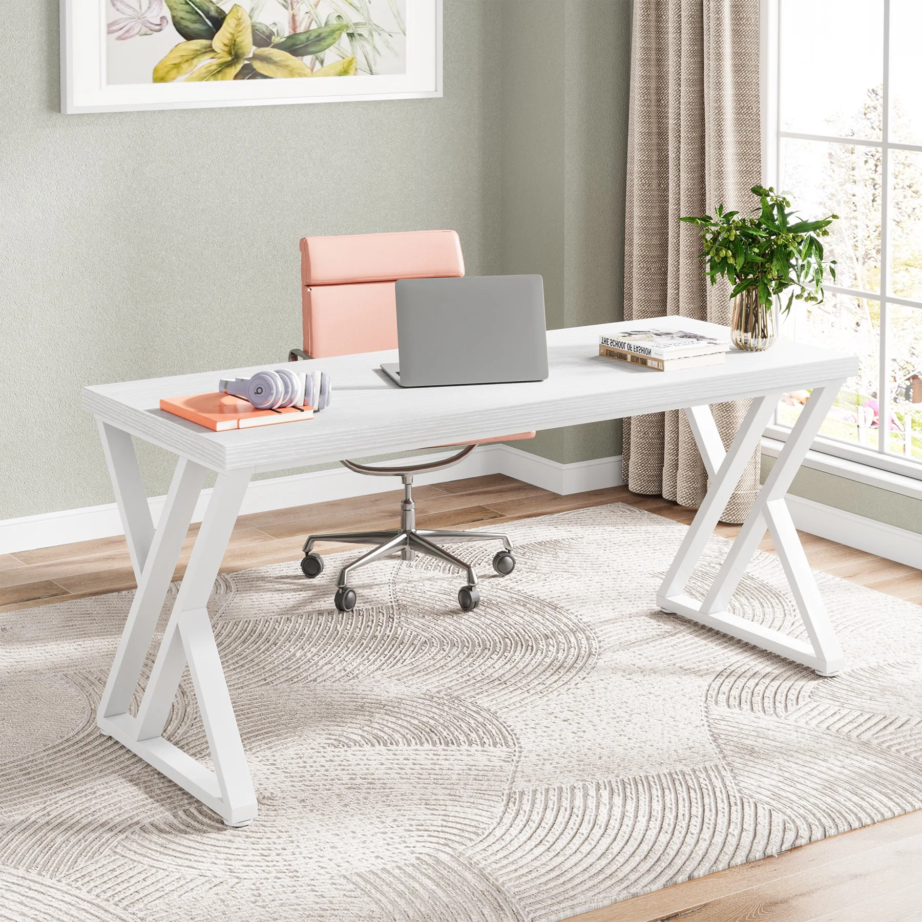 Heavy Duty Study Desk with Z-Shaped Metal Leg, Modern Simple Home Office Computer Desk, Rustic Brown