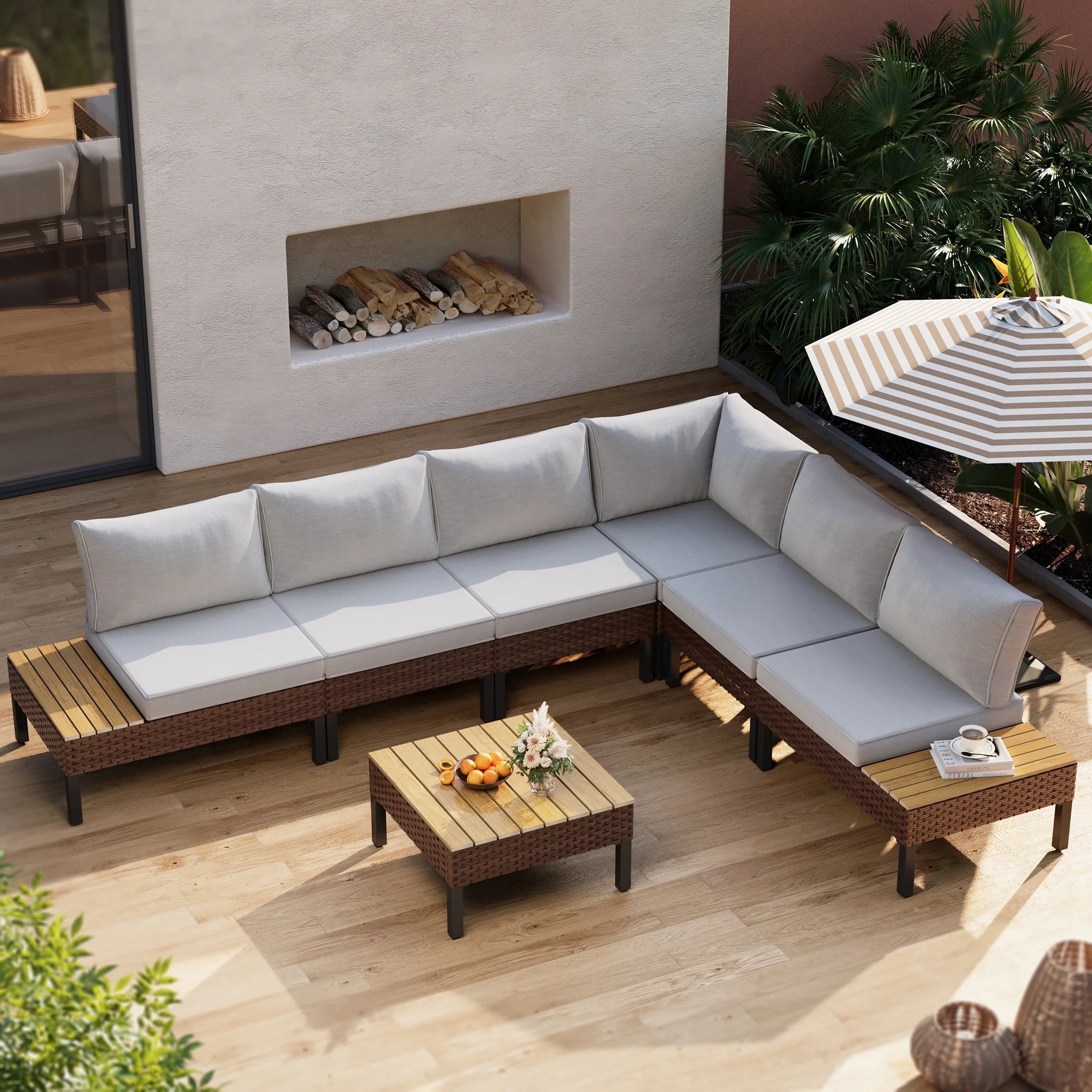 Poteban 5-piece Rattan Outdoor Patio Sofa Set,L-Shaped Sectional Sofa Couch with Coffee Table for Backyard,Lawn,Garden,Navy Blue
