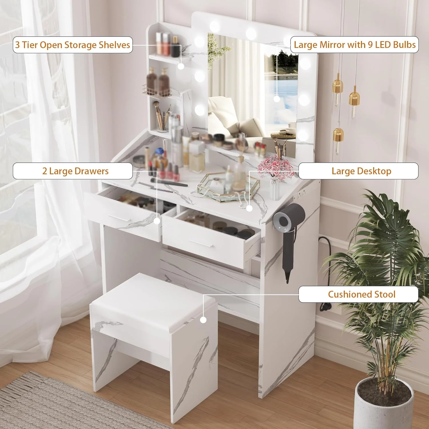 OYang Makeup Vanity with Lights, Vanity Desk with Mirror and Lights Set, Large Drawer and Two-Tier Lots Storage Cabinet, 3 Lighting Modes Adjustable Brightness