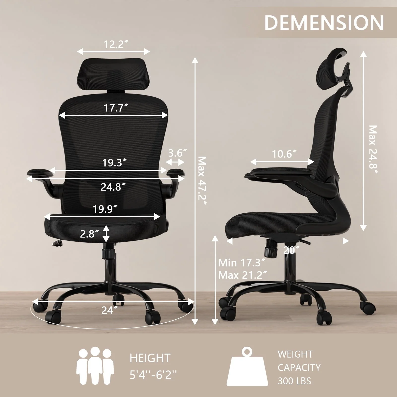 Lioncin Office Chair, High Back Ergonomic Desk Chair, Breathable Mesh Desk Chair with Adjustable Lumbar Support and Headrest, Swivel Task Chair with Flip-up Armrests,Black