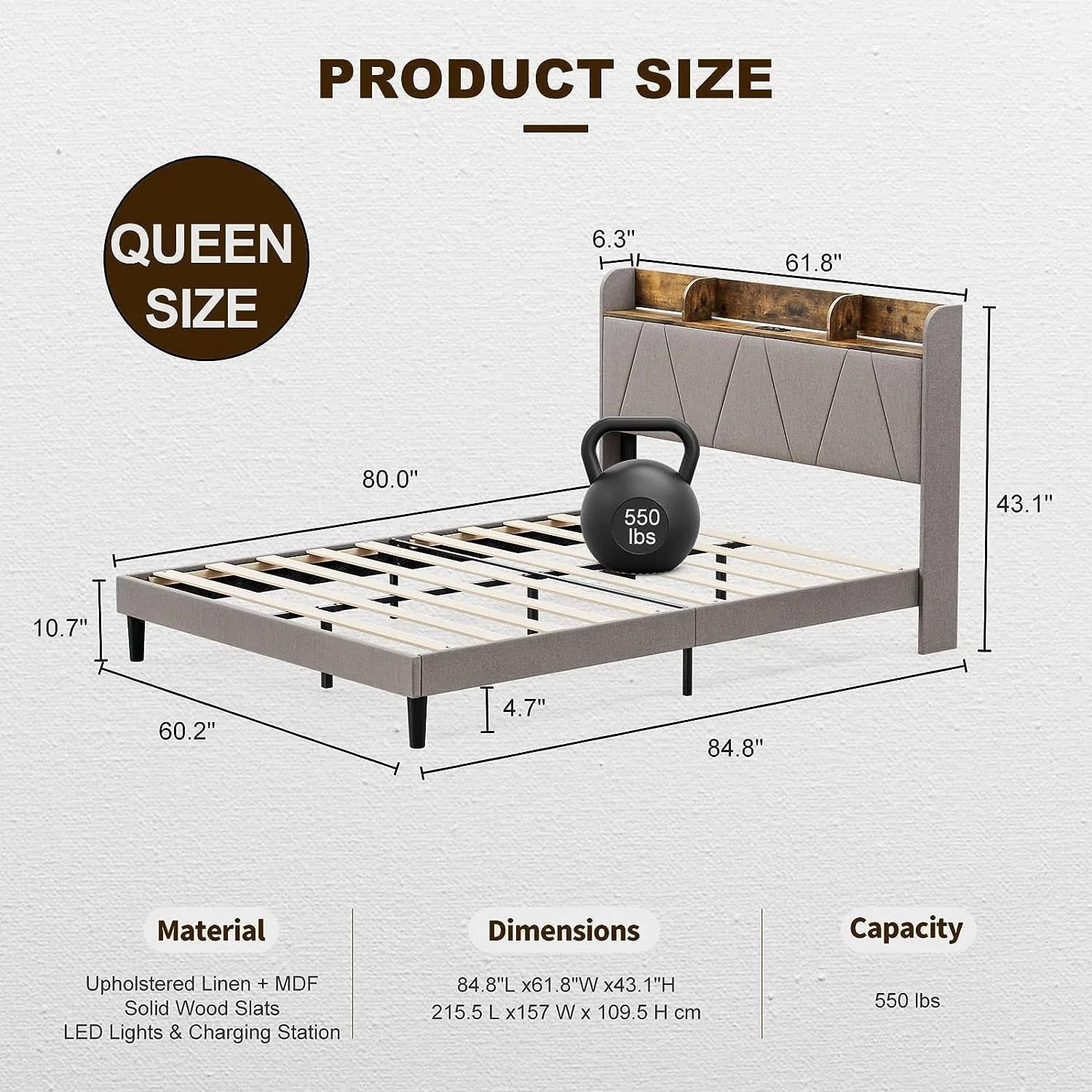 IKIFLY Queen Bed Frame with Charging Station & Storage Shelf Headboard, Upholstered LED Bed Frame with 2 Outlets and 2 USB Ports�? Type C�? Solid Wood Slats, No Box Spring Needed - Light Brown