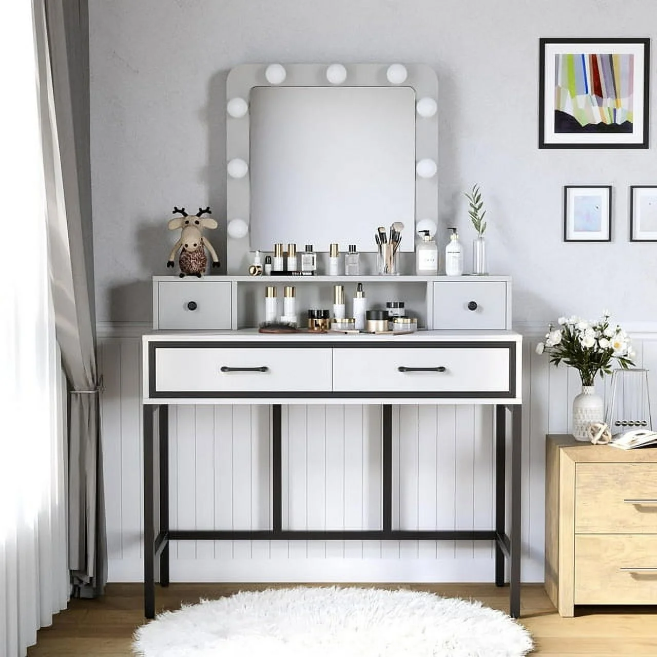 Heynemo Makeup Vanity with 3 Color Dimmable Lighted Hollywood Mirror, Vanity Table with 4 Drawers for Women Girls, Dressing Desk for Bedroom, Beauty Room, Brown