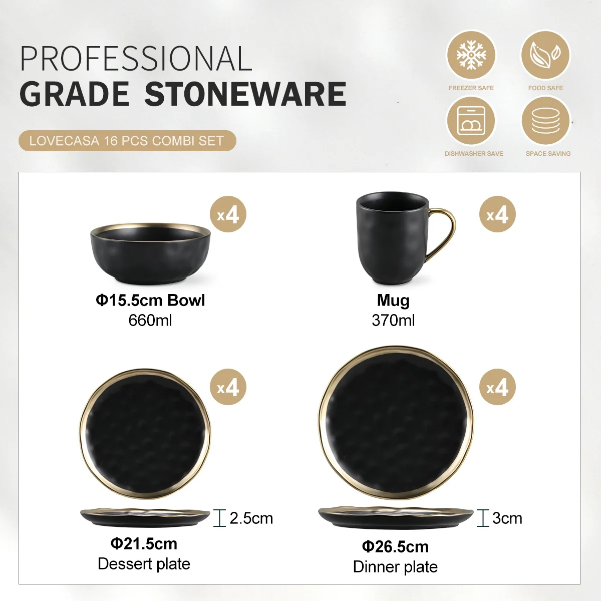 LOVECASA, 16-Piece Stoneware Dinnerware Sets, Dark Green and Gold Dinner Set, for 4 People