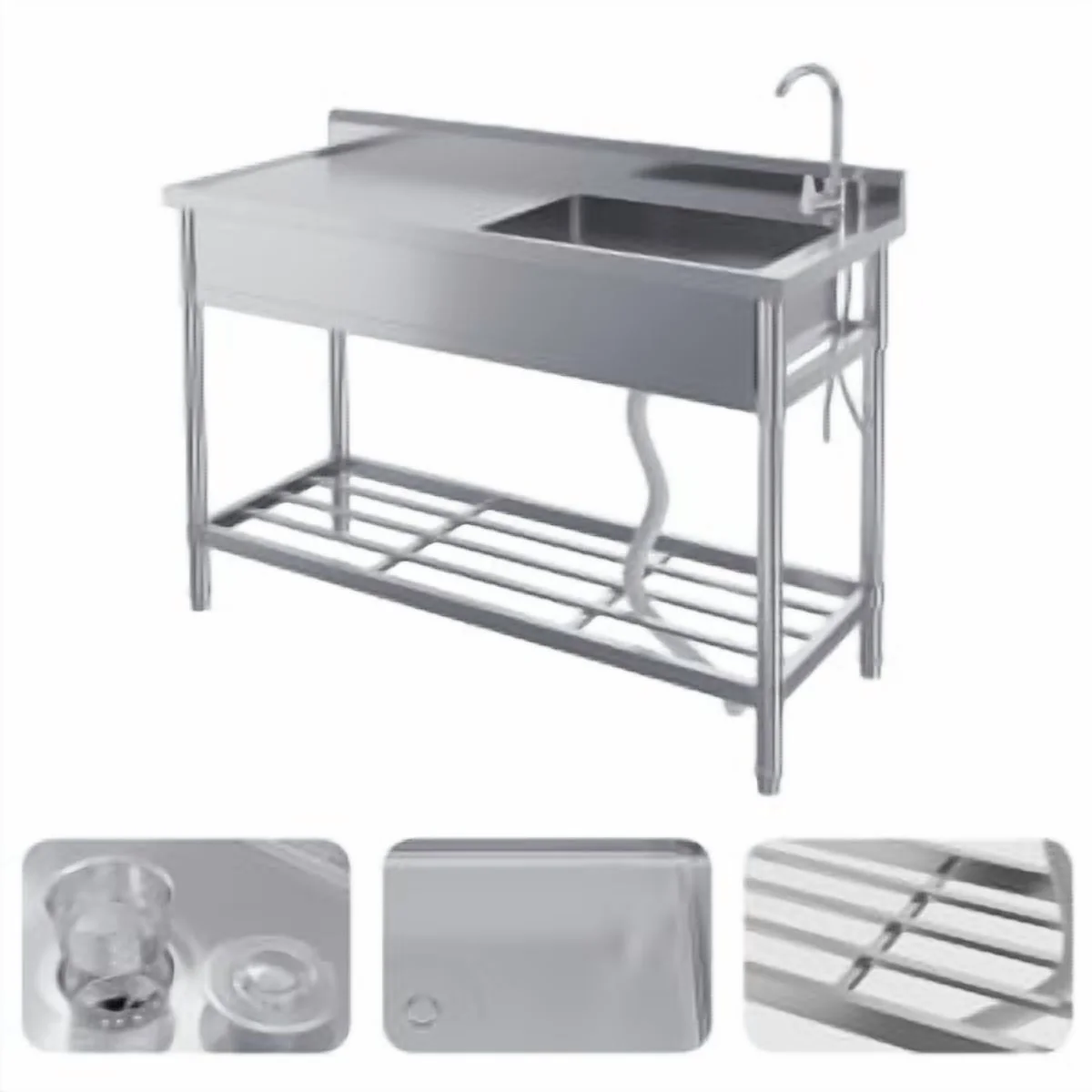 Stainless Steel Outdoor Sink,Freestanding Single Bowl Utility Sinks with Cold/Hot Water Hose,Storage Shelf,Faucet and Adjustable Legs,Outdoor Sink Station with Storage Shelf for Backyard,Restaurant