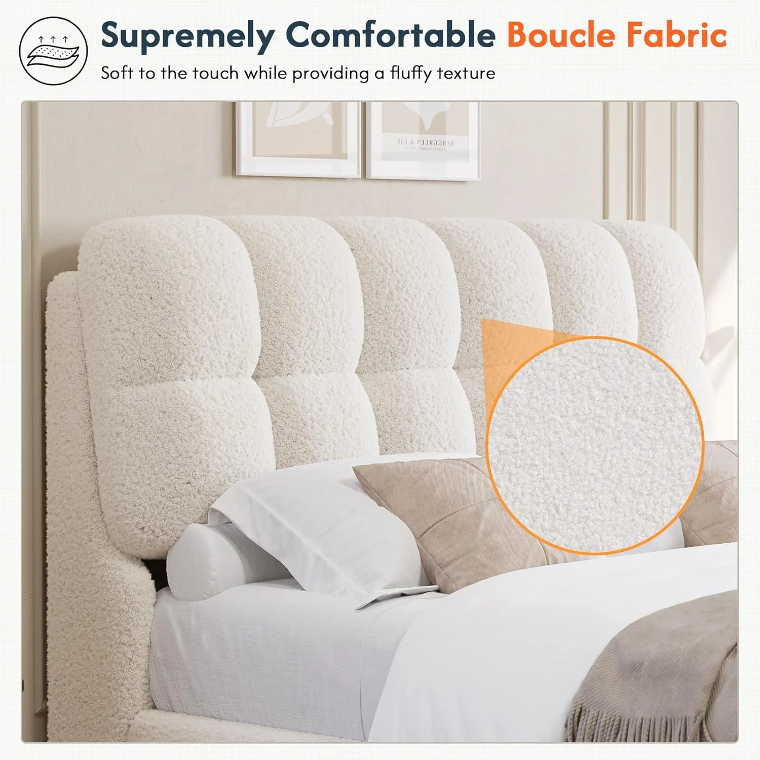Upholstered Bed Frame Queen Size with Headboard, Modern Soft Cloud Queen Platform Bed for Bedroom, No Box Spring Needed, White