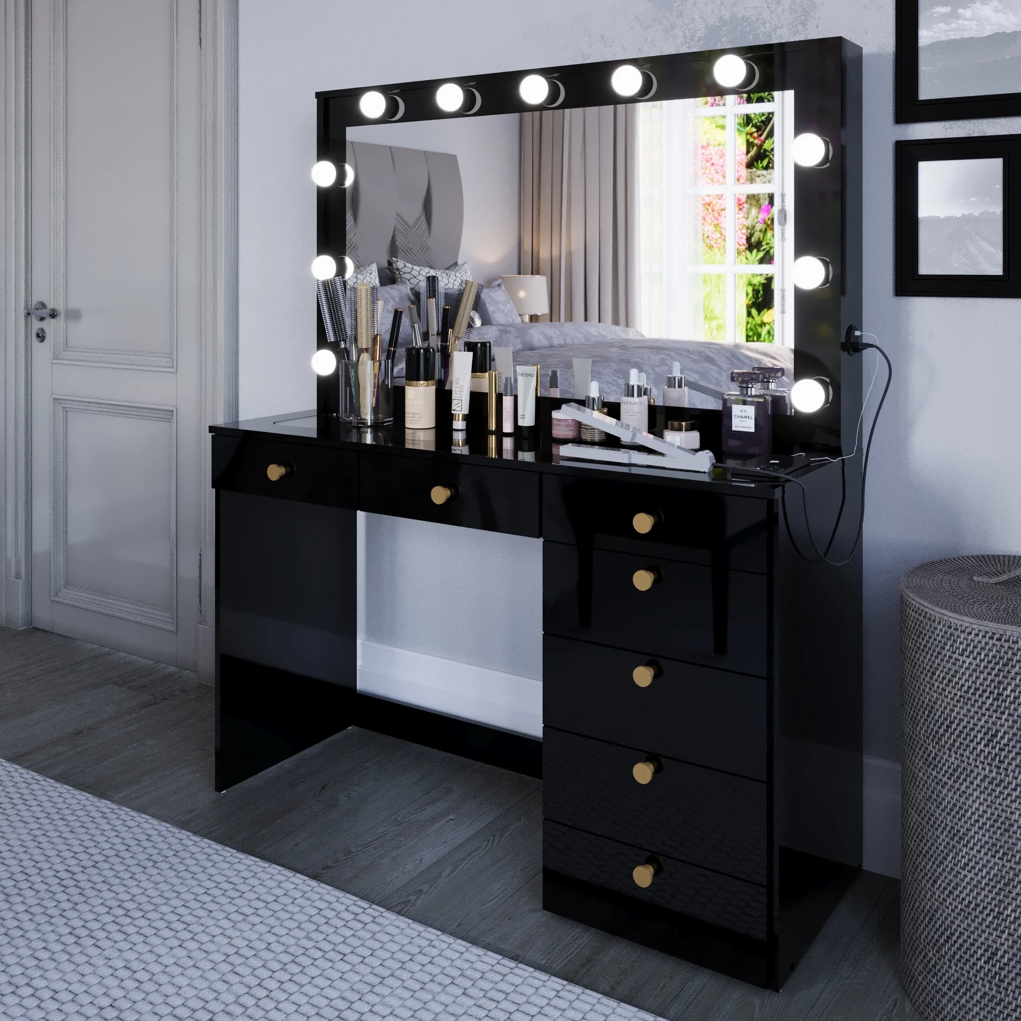 Ember Interiors Modern Large Greige Makeup Vanity Desk with Built-in Lights, Power Outlet with USB Type-C, Glass Top, 7 Drawers and Crystal Knobs