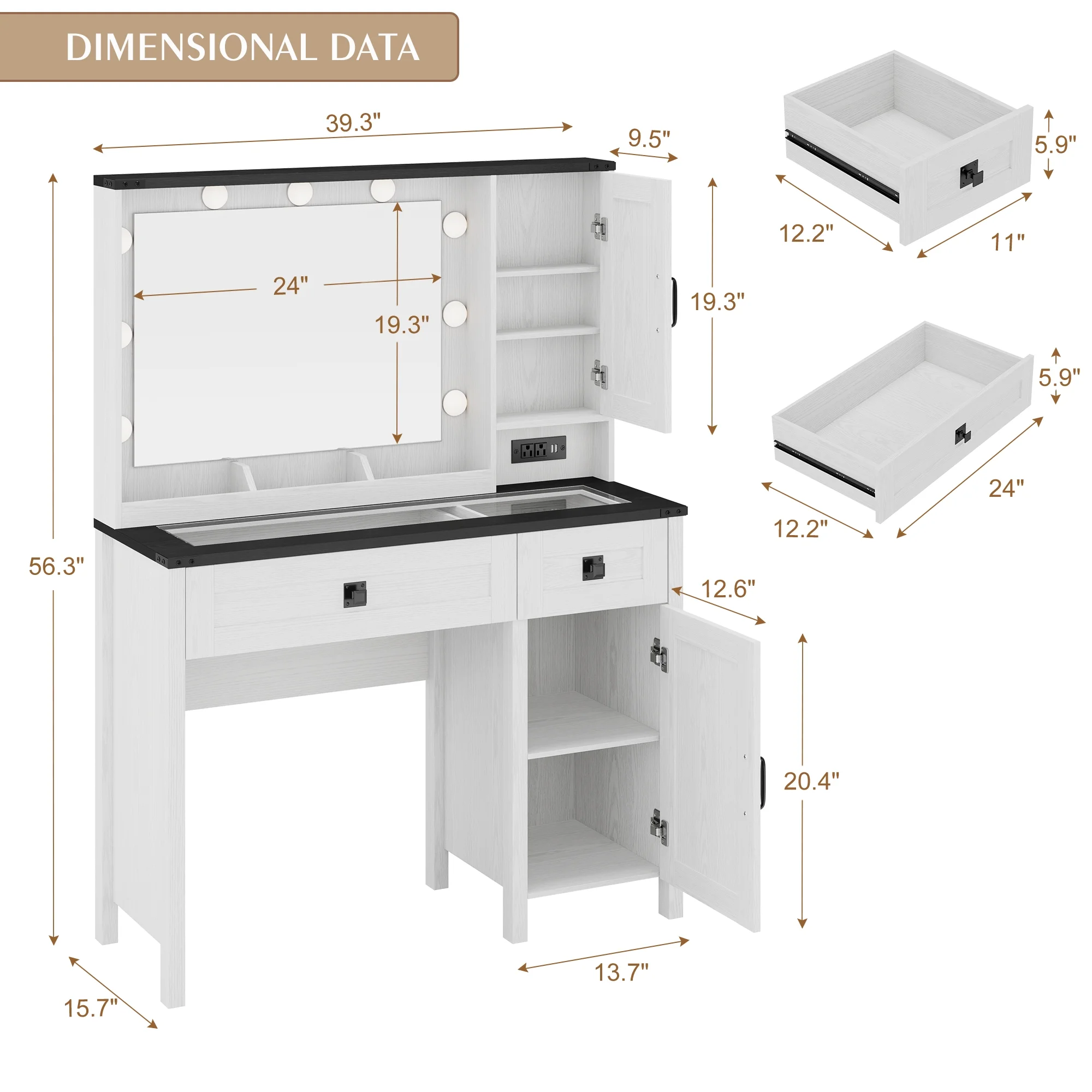 GIKPAL Makeup Vanity, Vanity Desk with Mirror & Glass Top, Farmhouse Vanity with Lights, Charging Station and Drawers, Rustic White