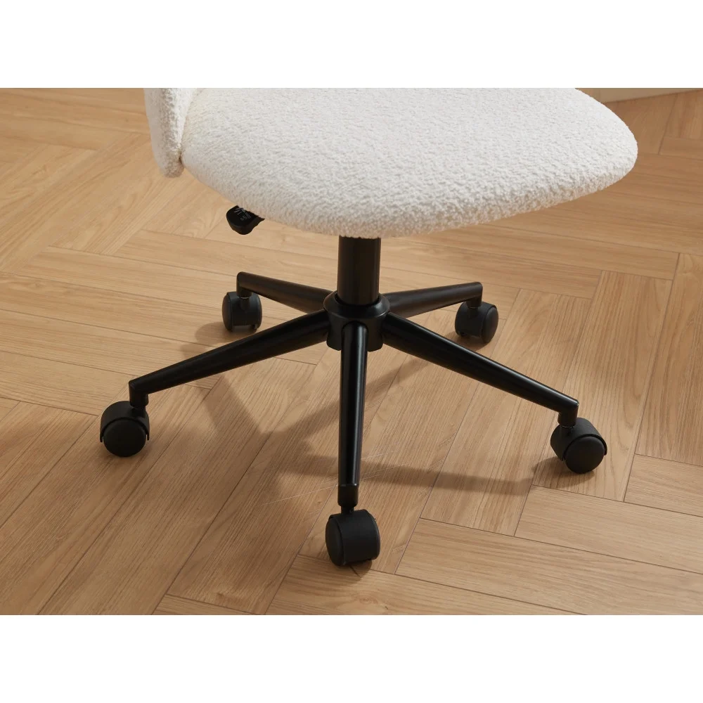 Modern Upholstered Desk Chair with Wheels, Mid-Back Adjustable Swivel Computer Chair with Black Legs, White