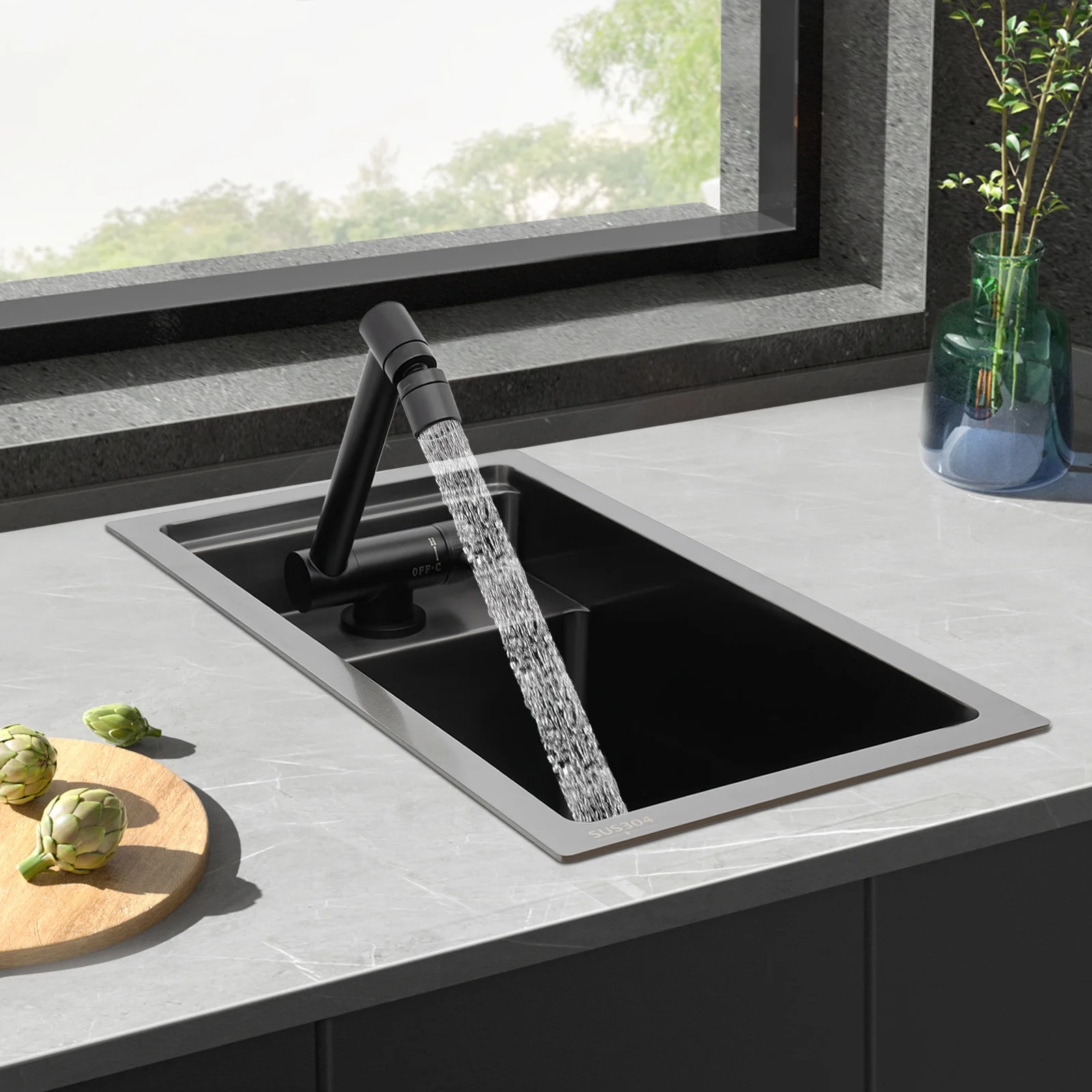 Modern Drop in Bar Sink, Single Bowl Kitchen Sink with Foldable Faucet, Black Nano 304 Stainless Steel Utility Sink for Compact Kitchen Commercial Hotel RV Laundry