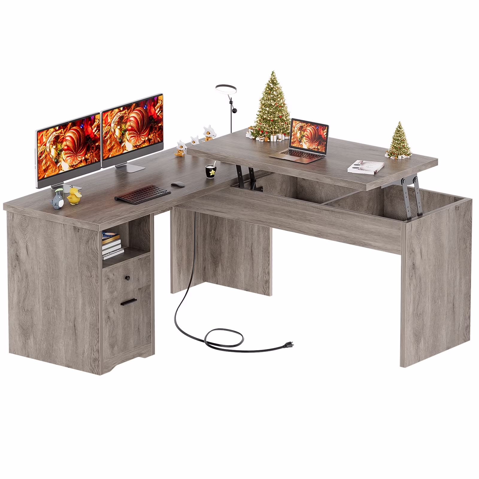 Homieasy L Shaped Desk with Power Outlets and USB Charging Ports, Lift Top Corner Computer Desk with Drawer, Large Office Desk with Storage Shelves, L Shaped Standing Desk for Home Office, Black Oak