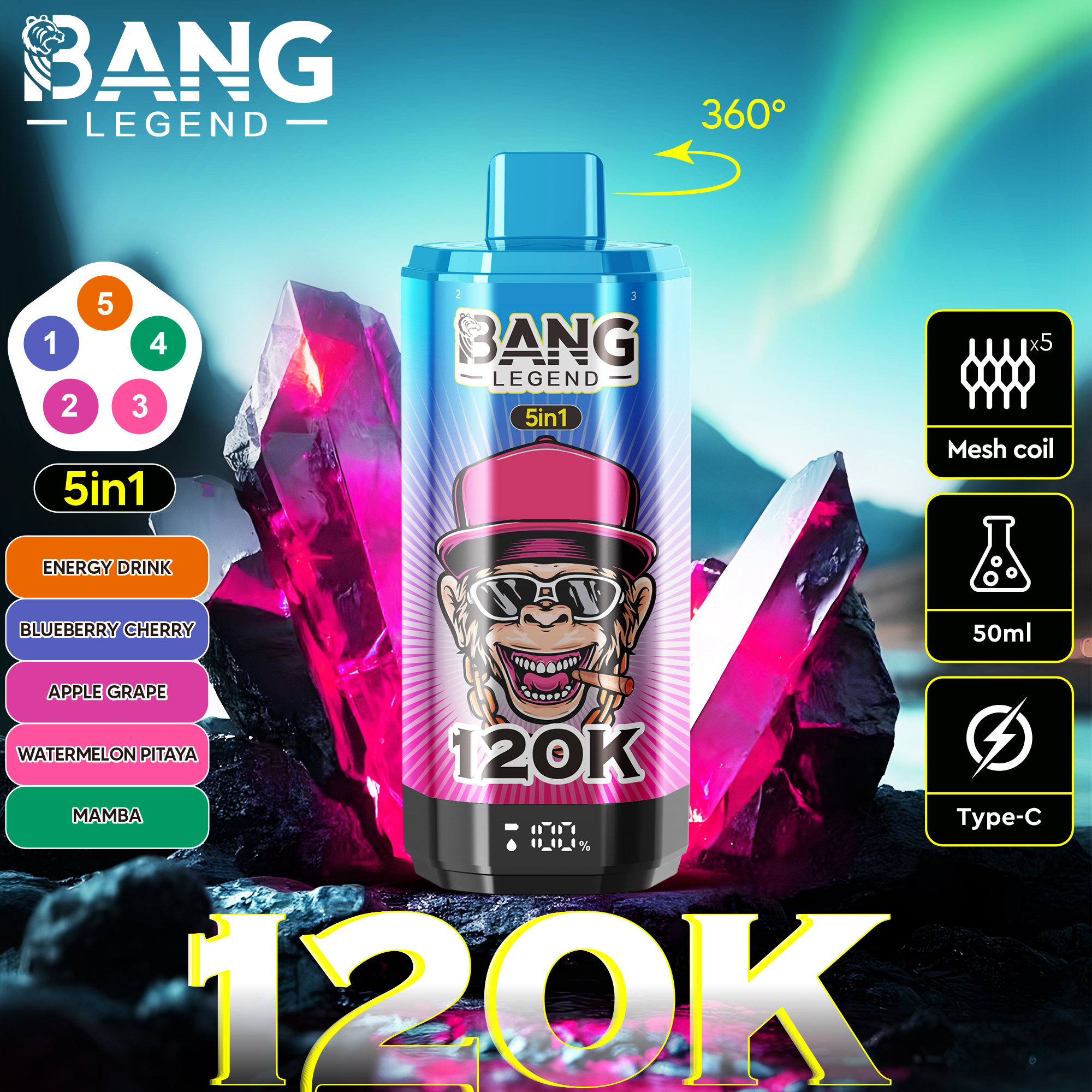 BANG Legend 120 000 potiahnutí (5v1) | Jednorazová e-cigareta s 360° rotáciou a LCD
