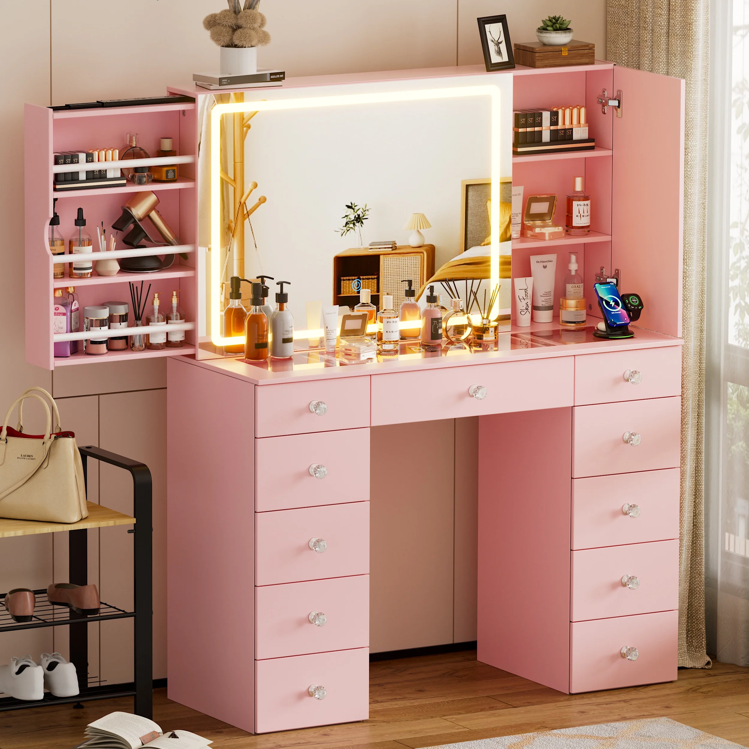 PAKASEPT Makeup Vanity Desk with Mirror and Lights, Vanity Desk with Charging Station, Drawers, Movable Shelves for Makeup, Modern Vanity Table Set with Vanity Stool for Bedroom, White