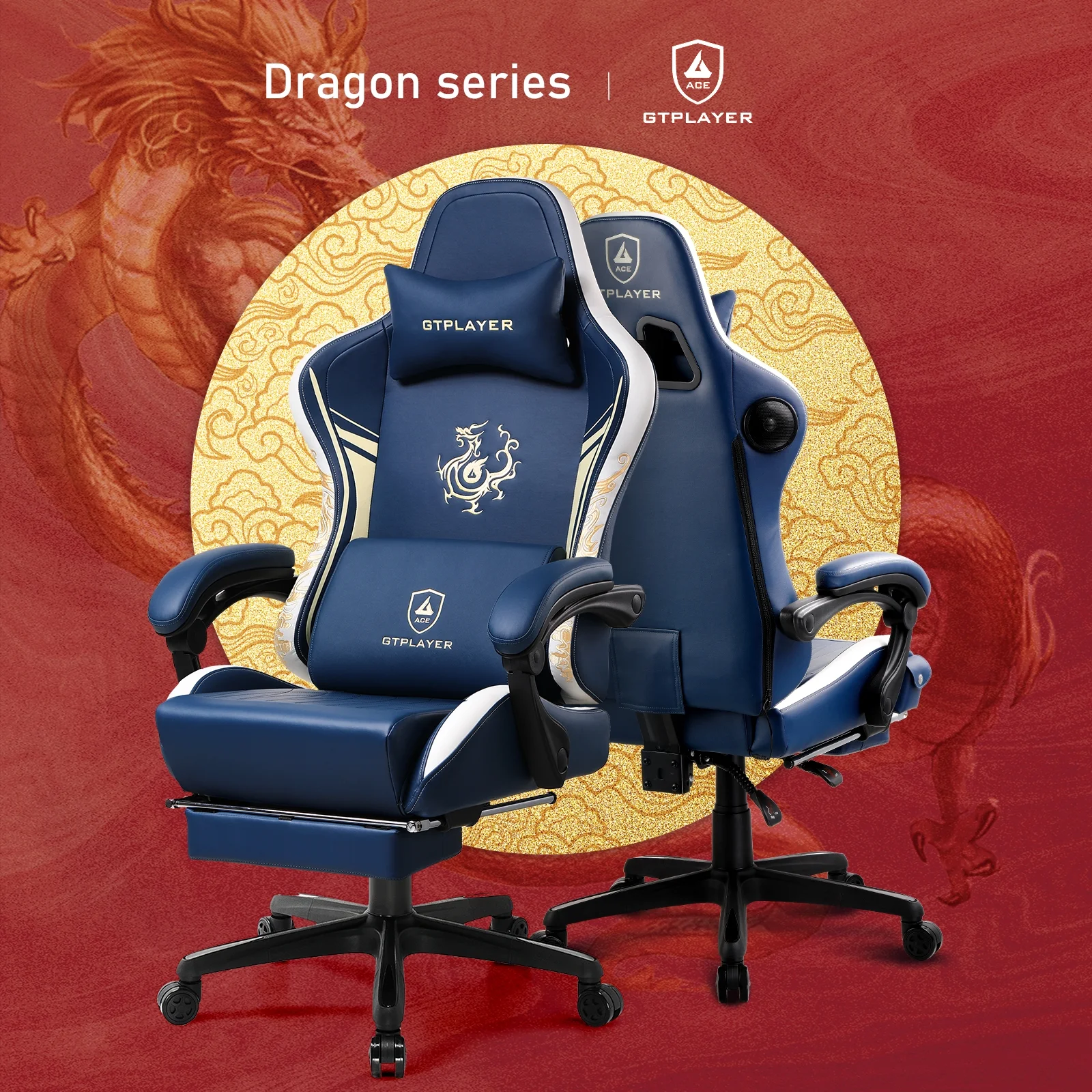 GTPLAYER Gaming Chair with Bluetooth Speakers and Footrest Office Desk Chair, Blue