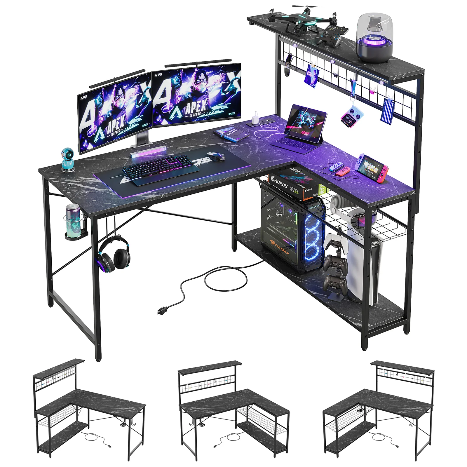 Bestier 51 L Shaped Gaming Desk with Power Outlets & LED Light, Computer Desk with 4 Tiers Shelves for Home Office, Reversible Gamer Table with Hooks and Cup Holder, Carbon Fiber