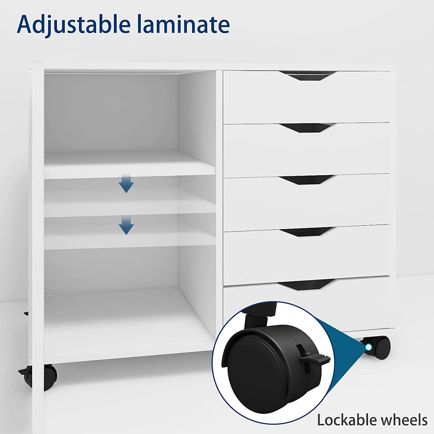 Natwind 5-Drawer Mobilable Wood Printer Stand with Charging Station，Cart File Storage Cabinets with Socket and Door Home Office Lateral Filing Cabinet(white)