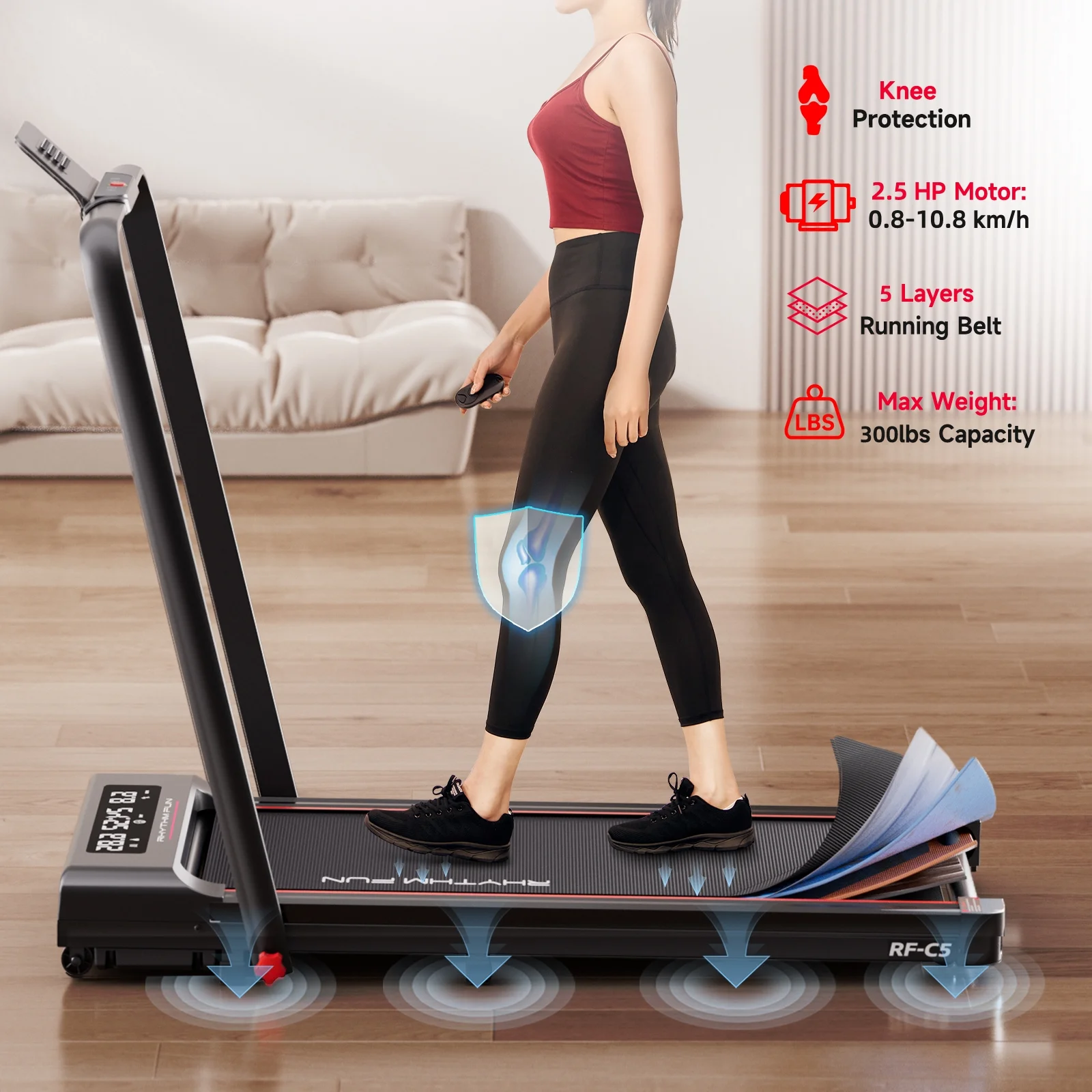 RHYTHM FUN Foldable Walking Pad with Incline, Portable Under-Desk Treadmill, 300 lb Capacity, Remote Control, LED Display for Home and Office