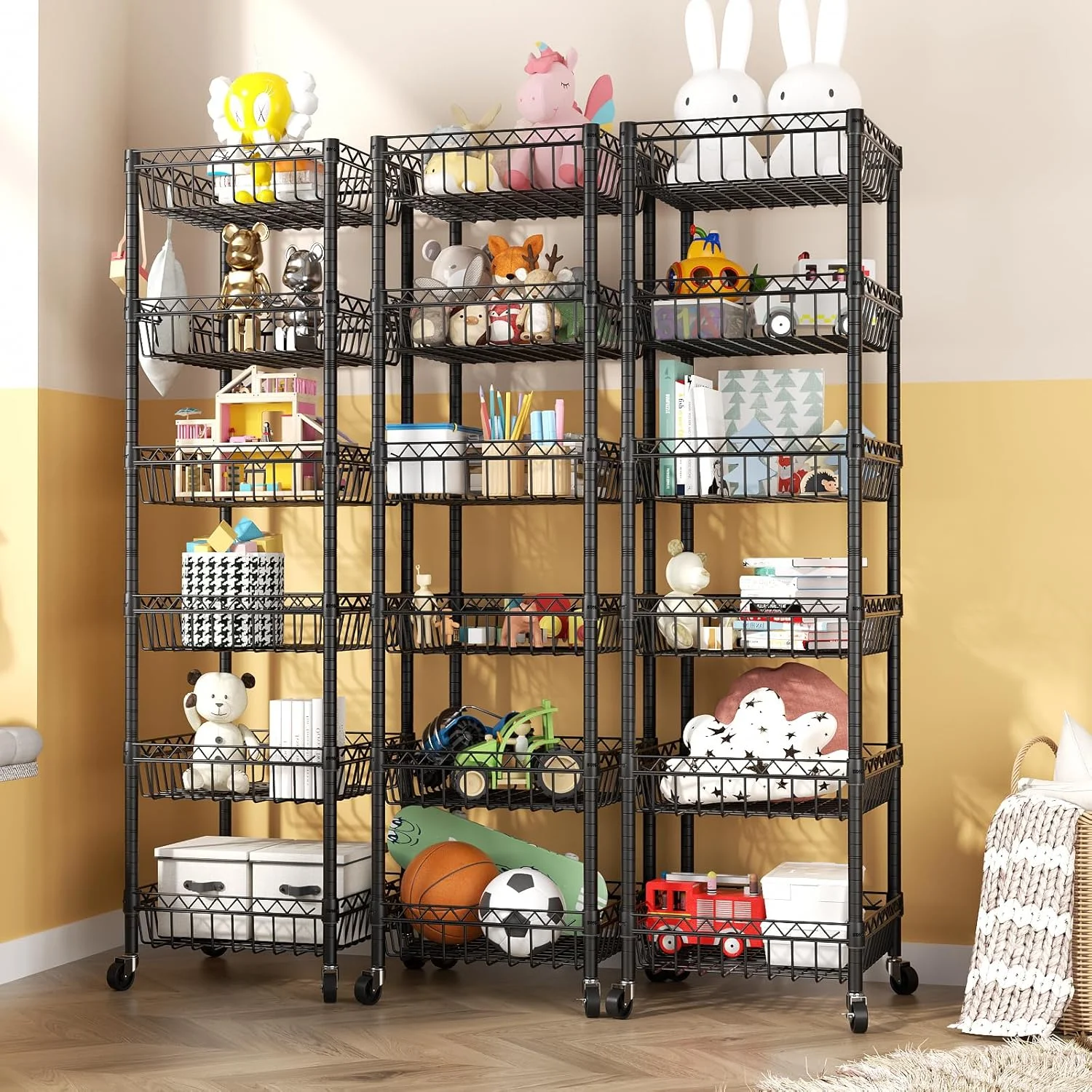 6 Tier Wire Shelving Unit with Wheels Baskets Storage Rack Corner Shelves Adjustable Shelf Closet Bathroom Organizers Metal Pantry Kitchen Garage Laundry Room 13.5