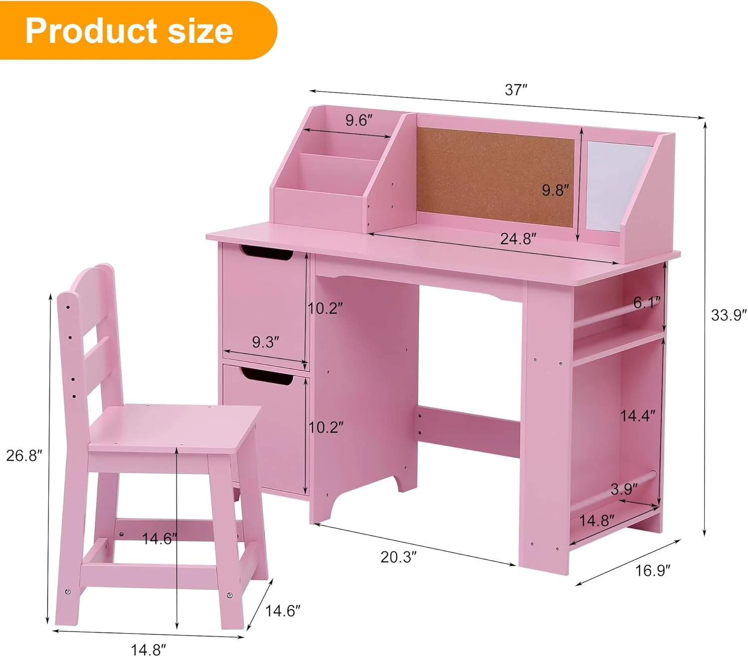 Garvee Kids Study Desk and Chair Set, Wooden School Learning Table with Storage, Kigs Writing Desk with Hutch and Bulletin Board, Children Computer Desk with Chair, Small Toddler Desk for Home, Pink
