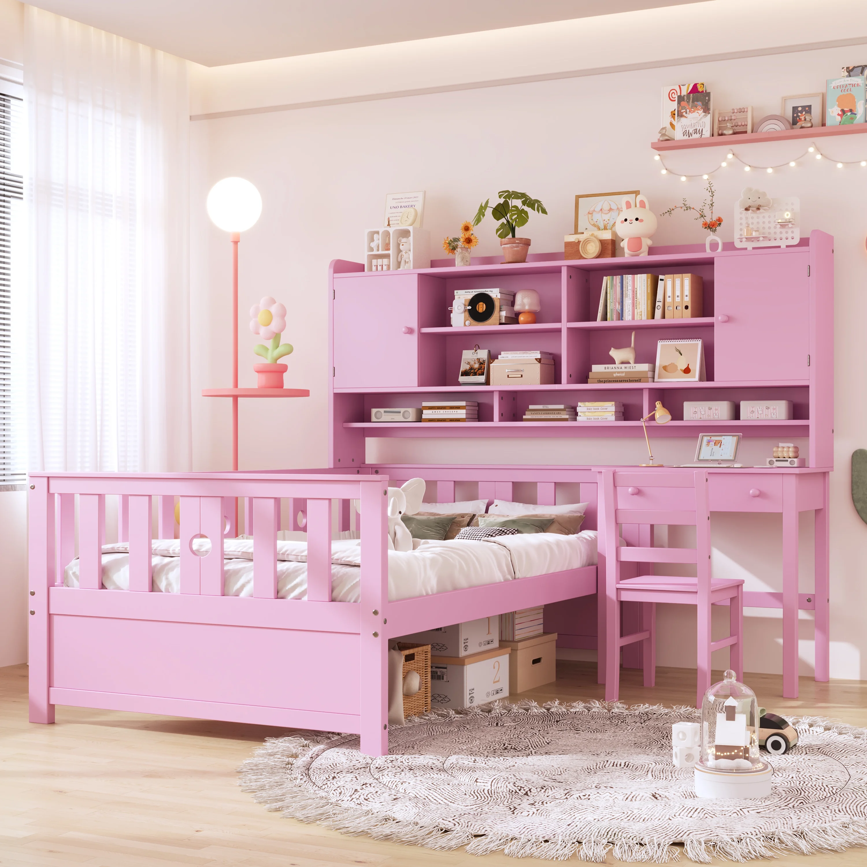 Euroco Wood Twin Size Platform Bed with Desk and Shelves, Table and Chair Set for Kids, Natural