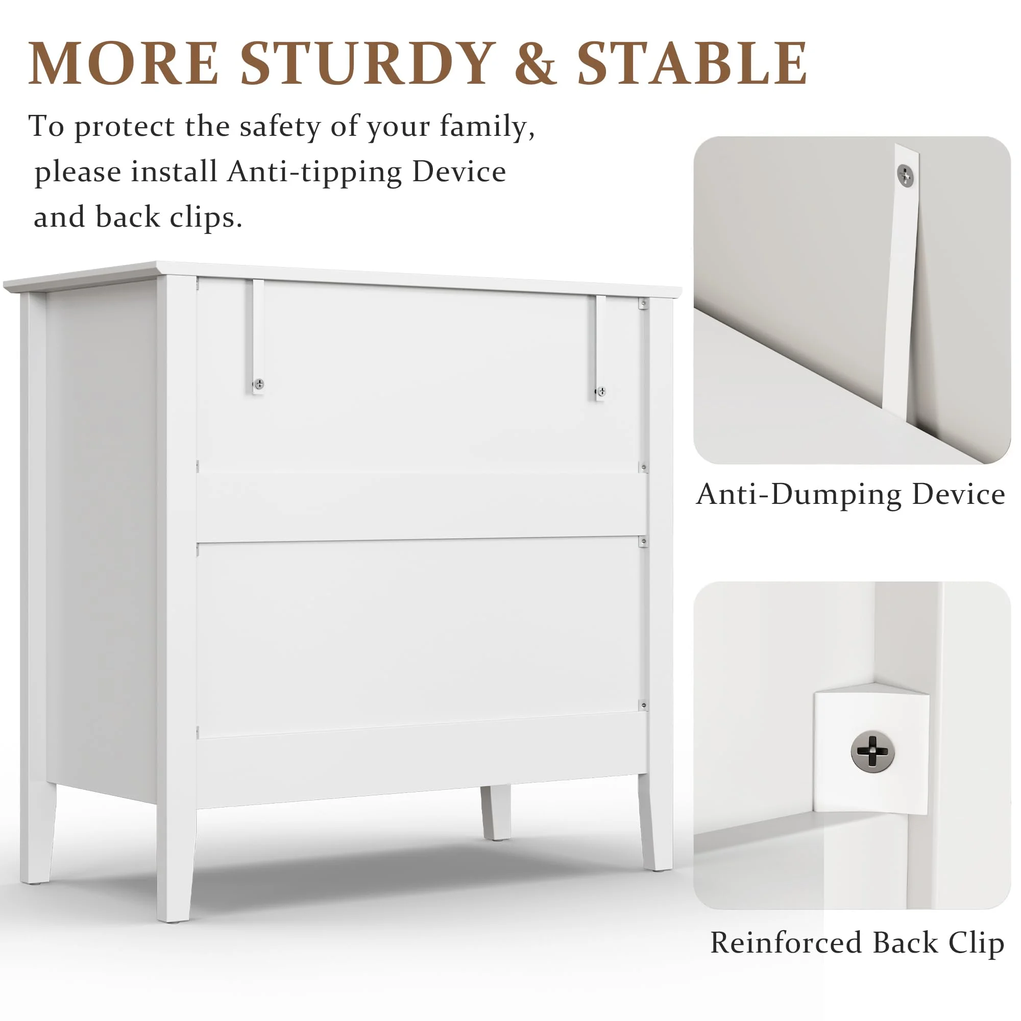 May Color Large White 3 Drawer Dresser Set of 2 with Fluted Panel, Modern Chest of Drawers with Silent Slide Drawers, Wood Accent Nightstand with Storage for Bedroom Living Room, Hallway