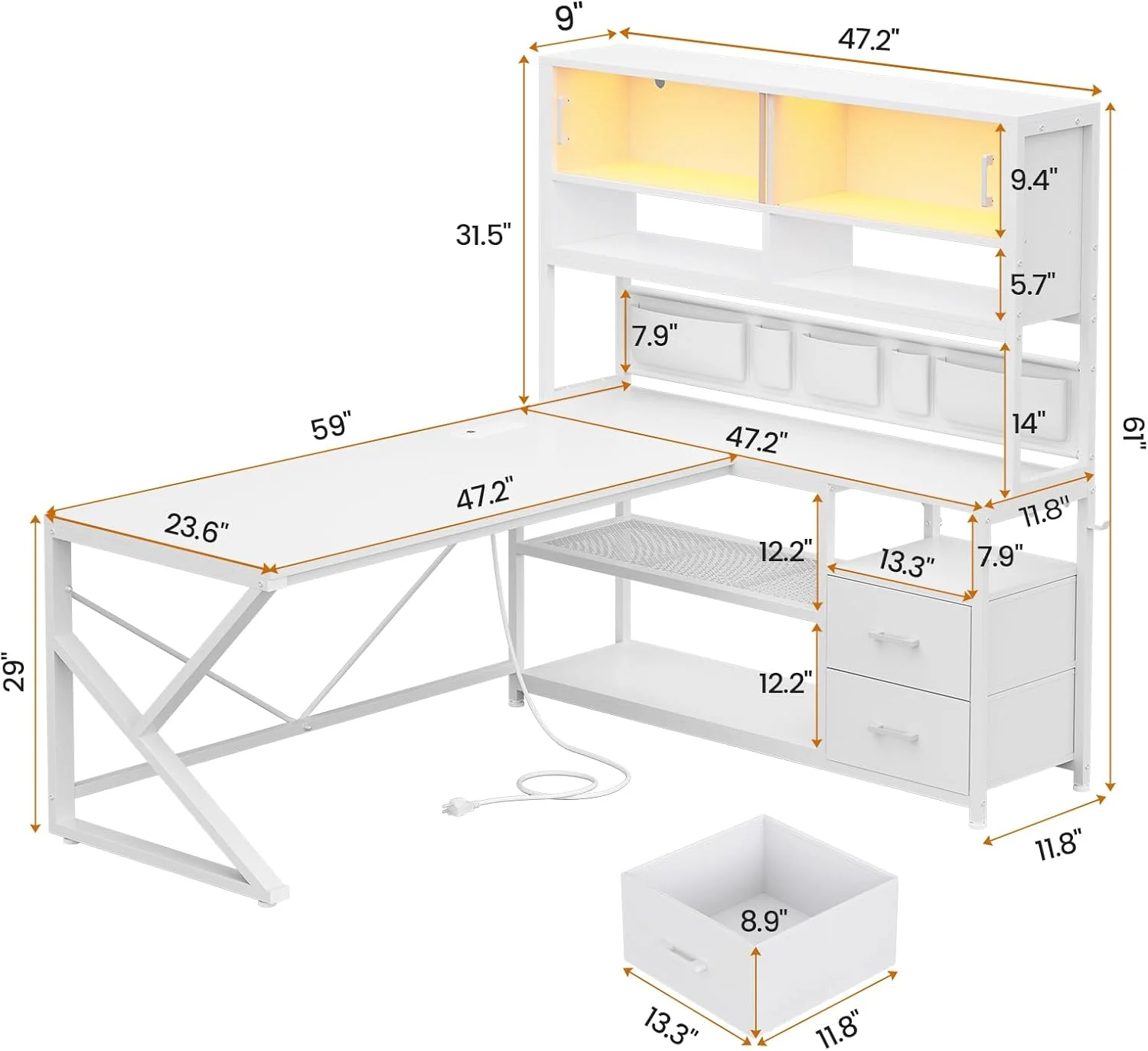 L Shaped Computer Desk with 2 Drawer and Bookshelf, L Shaped Gaming Desk with LED Light, Black