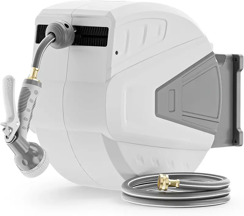 100-Foot Wall-Mounted Retractable Hose Reel with 9-Function Sprayer. Auto-Retract. and 180° Swivel Bracket – Gray