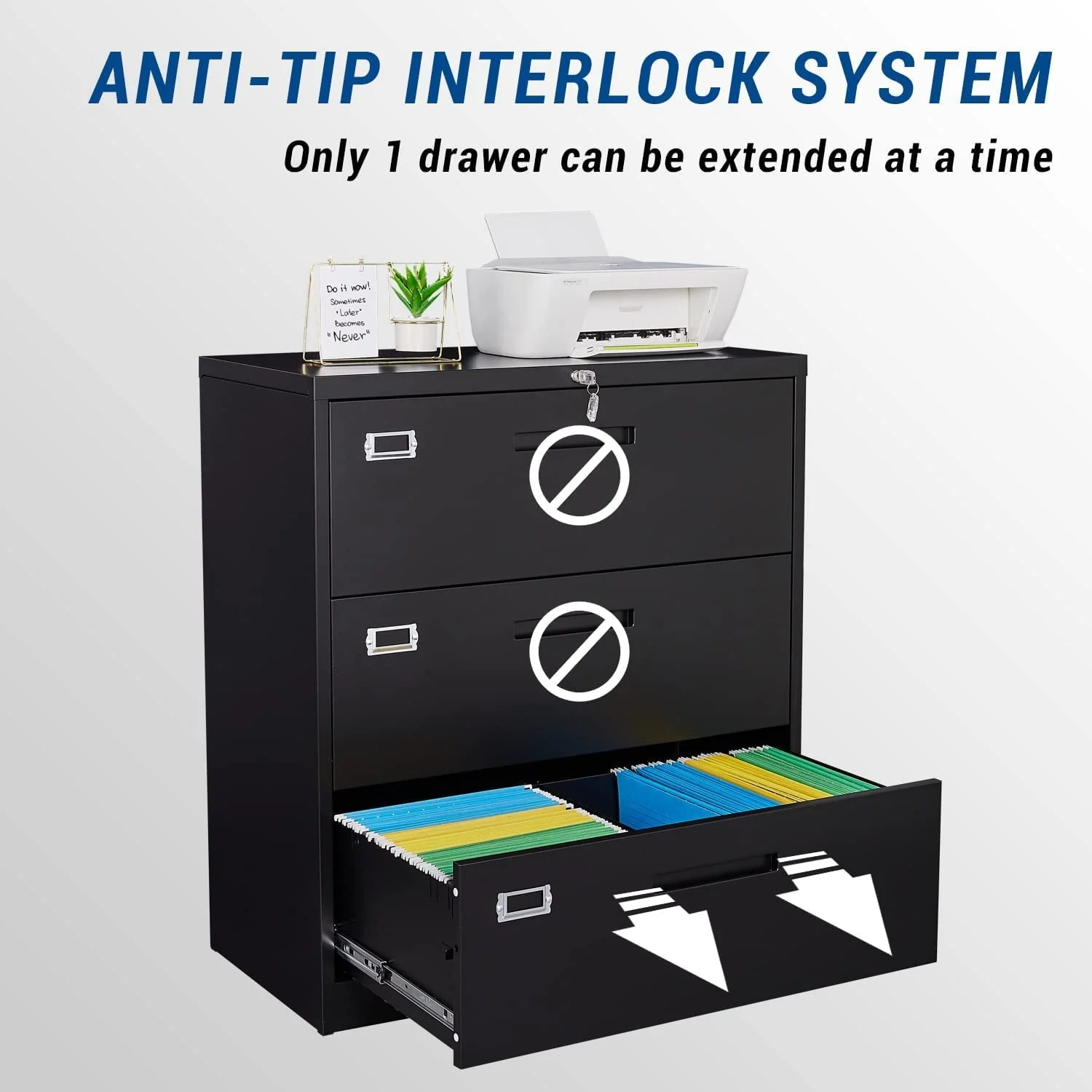 STANI Lateral File Cabinet with Lock, 3 Drawer Lockable Filing Cabinet, Large Metal Storage File Cabinet for Hanging Files Letter/Legal/F4/A4 Size