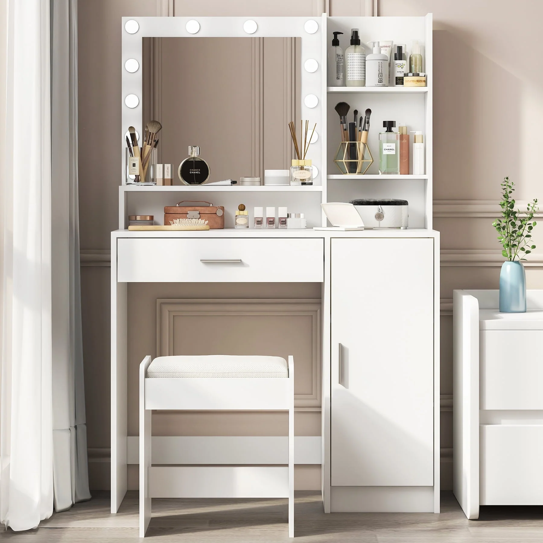 Palimder Vanity Desk, Large Drawer & 3 Level Storage Dresser, Bedroom Dressing Table White