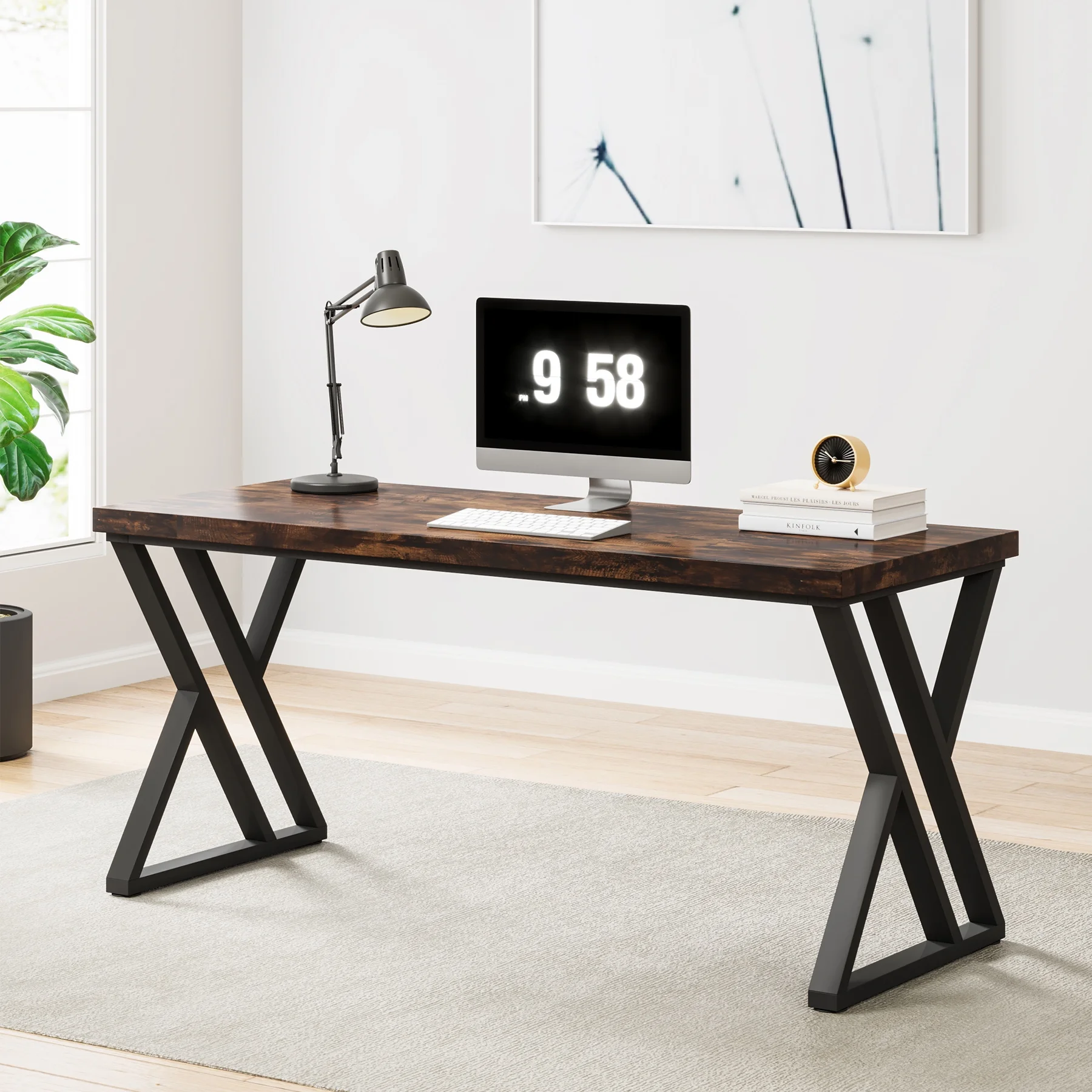 Heavy Duty Study Desk with Z-Shaped Metal Leg, Modern Simple Home Office Computer Desk, Rustic Brown