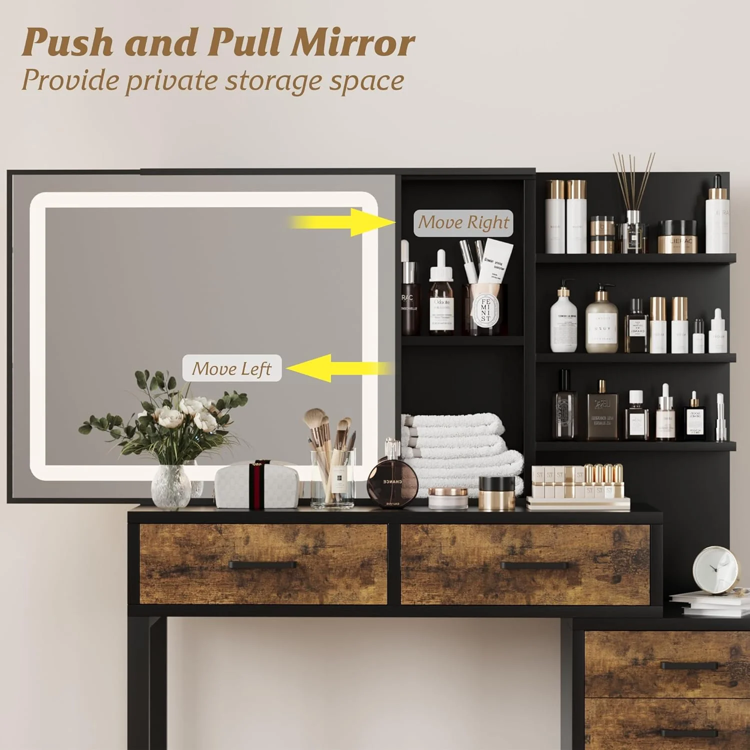 Vanity Desk with Adjustable LED Lighted Sliding Mirror,Makeup Vanity with 5 Drawers&Open Shelves for Bedroom