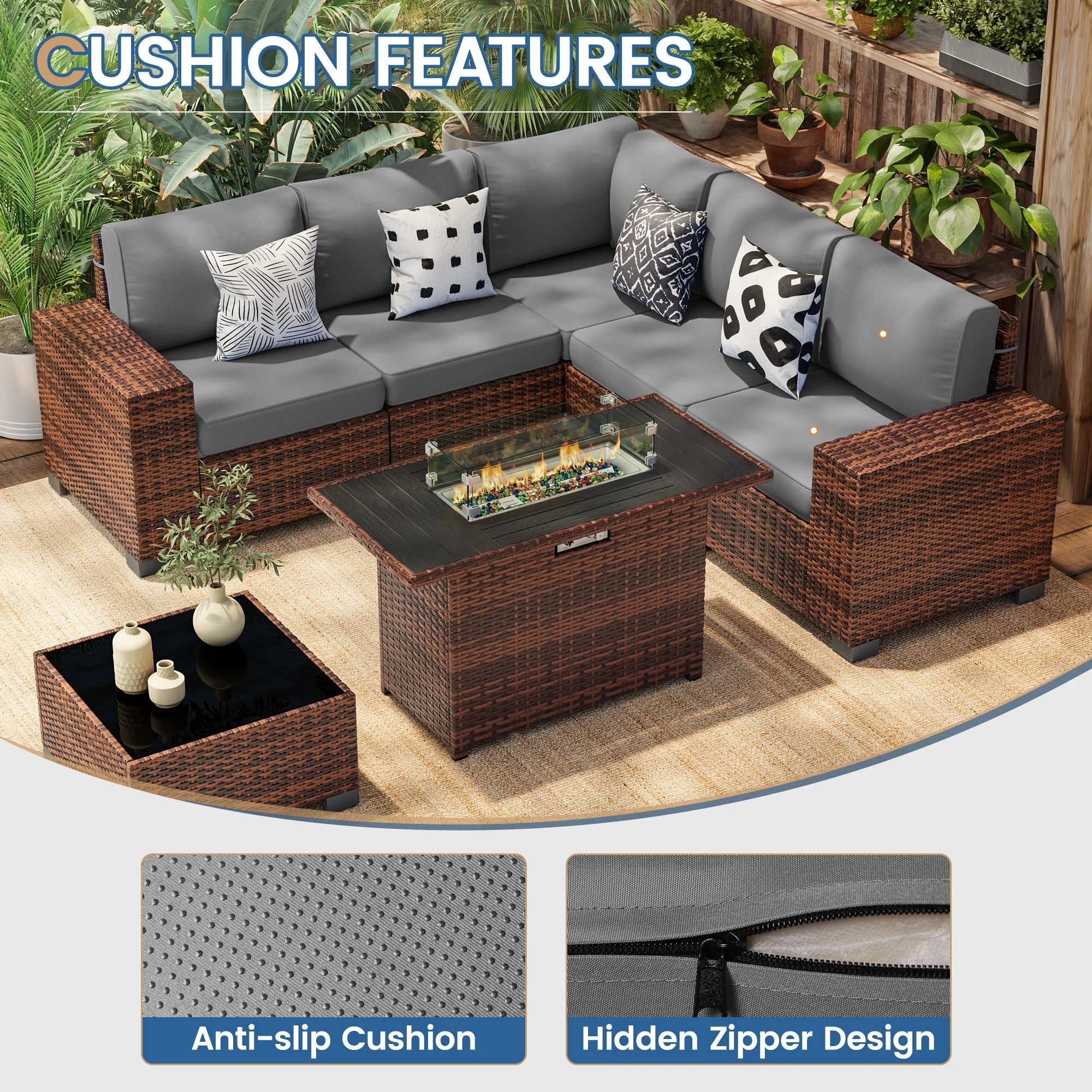 Poteban Patio Furniture Set 6 PCS Outdoor Sectional Conversation Sets Featuring Widen Wicker Armrests and High Back, Black (Waterproof Covers Included)