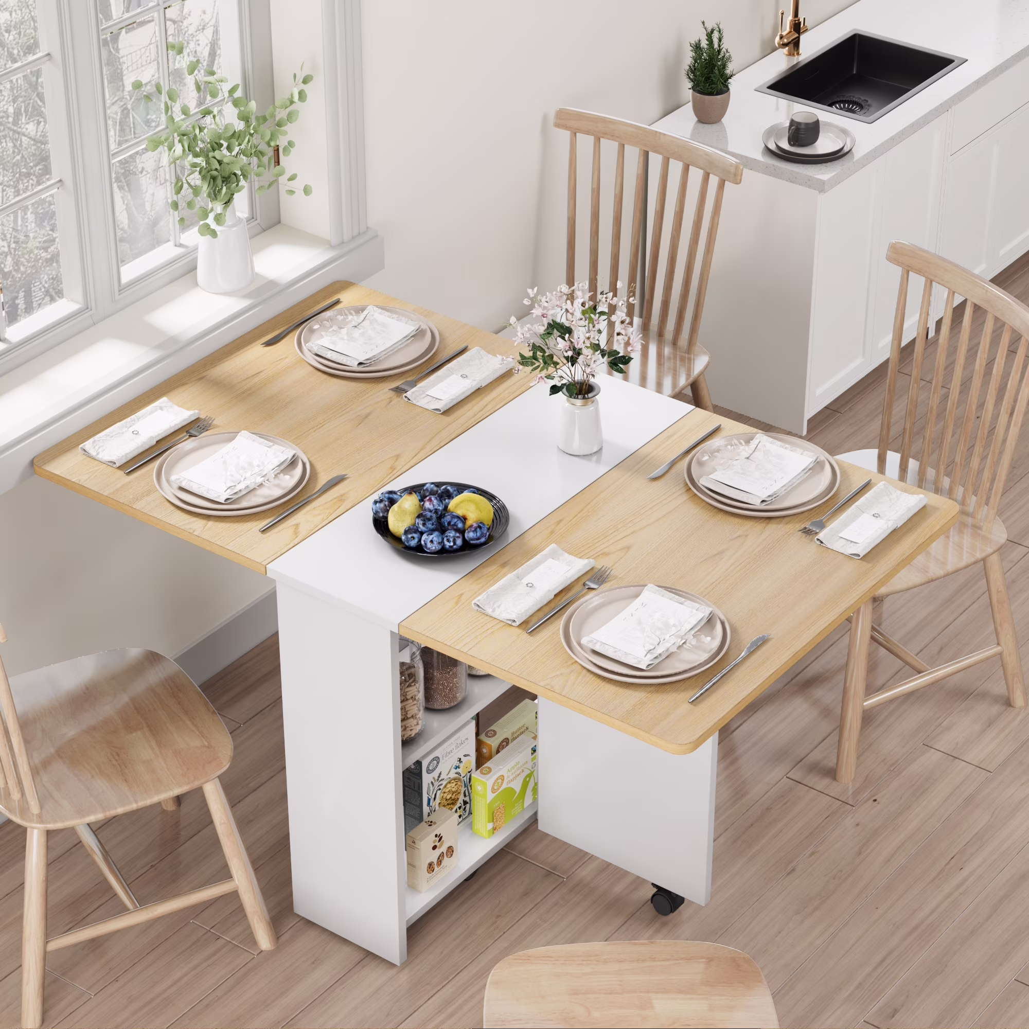 Danolapsi Folding Dining Table,Dinner Table with Wheels and 2-Layer Storage Shelf,Farmhouse Wood Kitchen Dining Room Tables Set for 4, Expandable Rectangle Dinner Kitchen Office Furniture