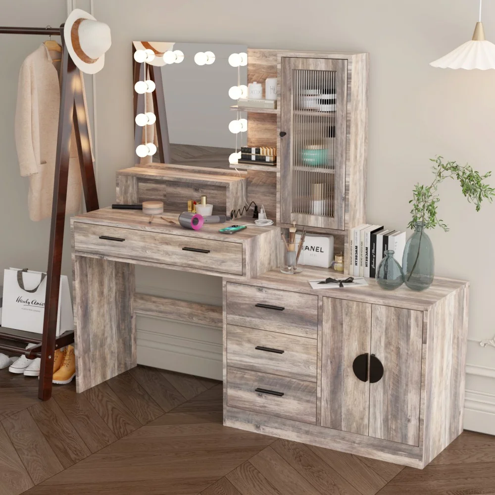 IVV Vanity Desk with Lighted Mirror and Charging Station, Makeup Dressing Table with 5 Drawers and Storage Cabinet, 10 LED Bulbs, 3-Color Lighting Modes, Brightness Adjustable, Black