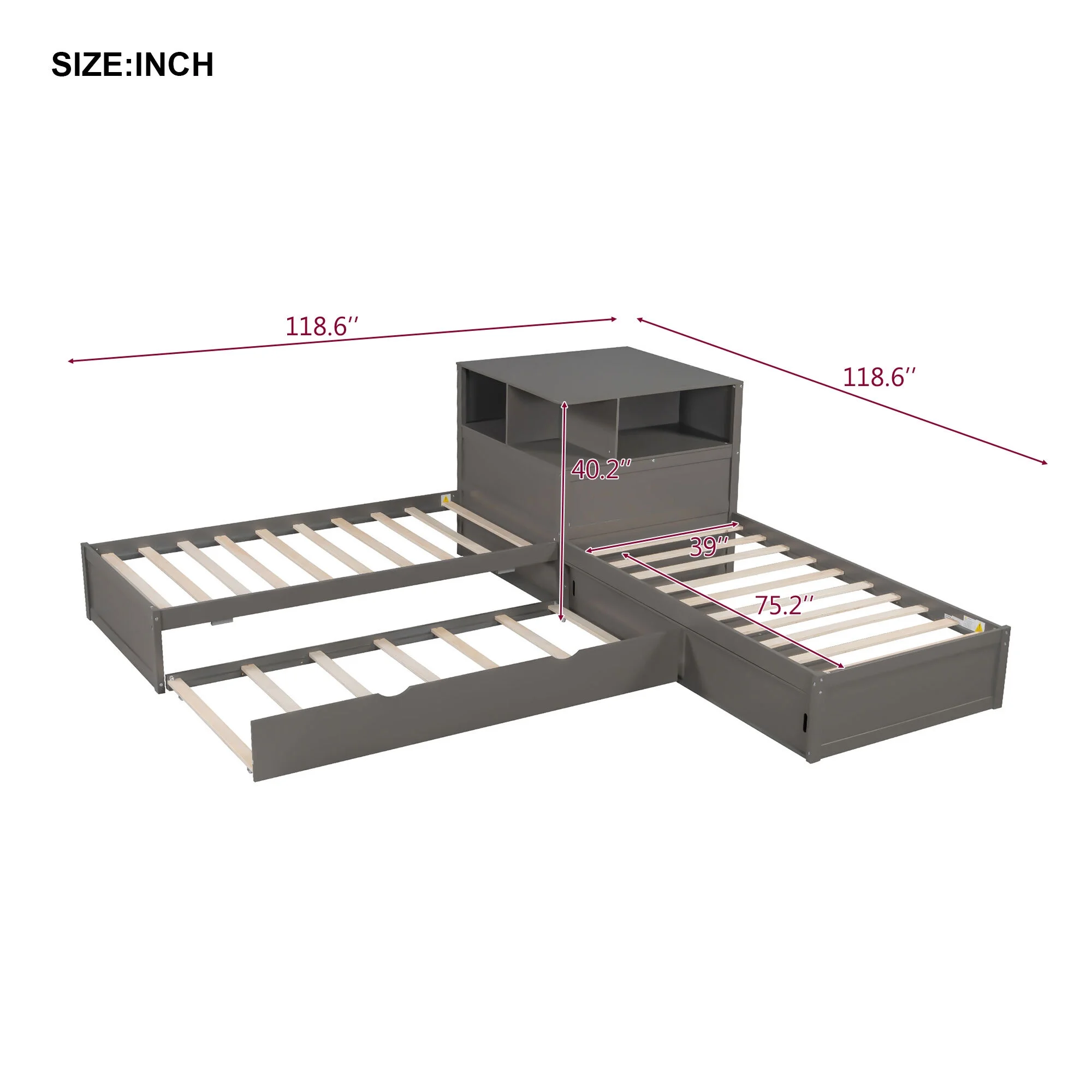 Euroco Pine Wood L-Shaped Twin Platform Bed with Storage Desk, Cabinets, Trundle and LED Light for Kids Teens, Gray