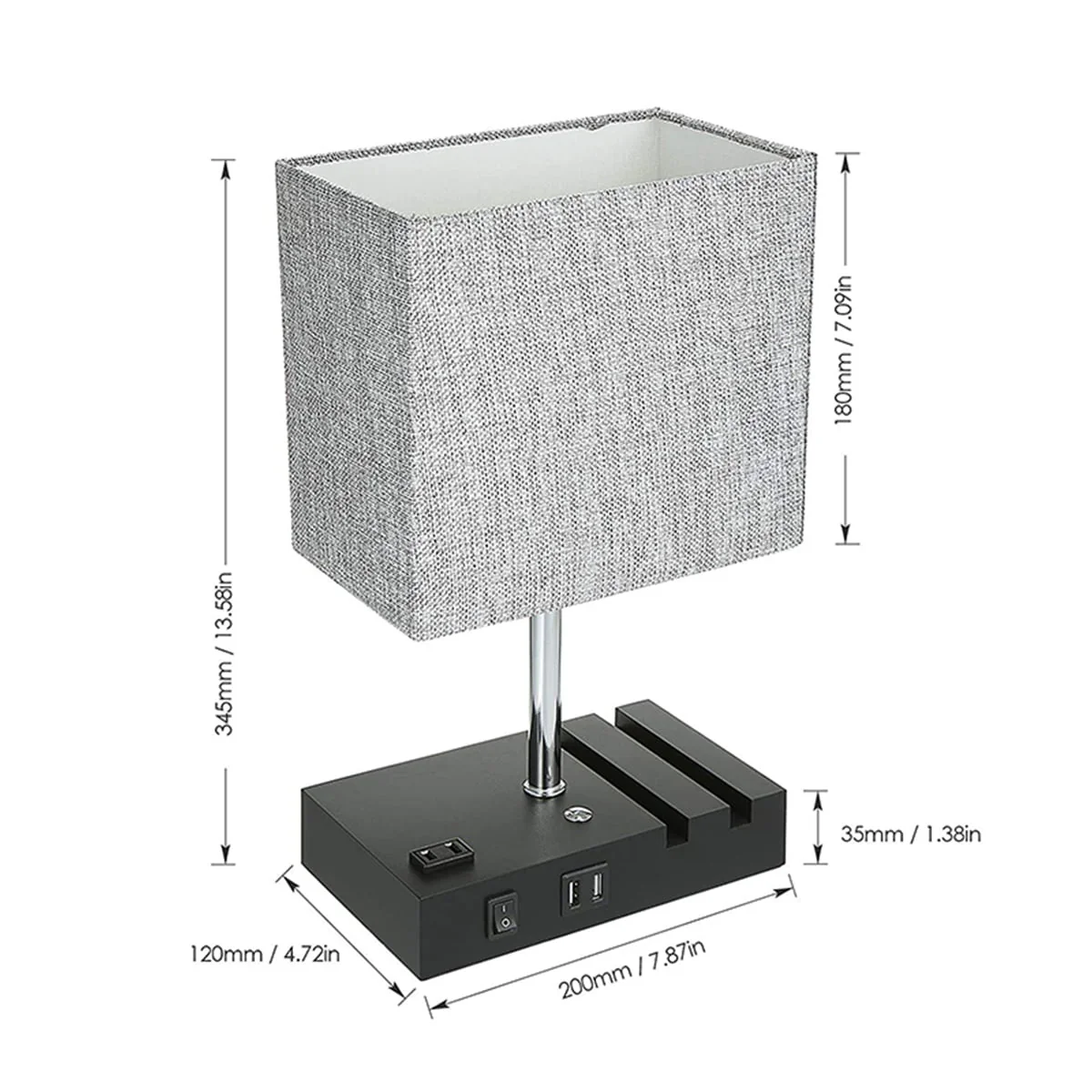 Touch Control Table Lamp with 2 USB Charging Ports, 1 AC Outlets and 2 Phone Stands, Modern USB Desk Lamp with Black Wooden Base and Grey Shade Suitable for Bedroom, Living Room