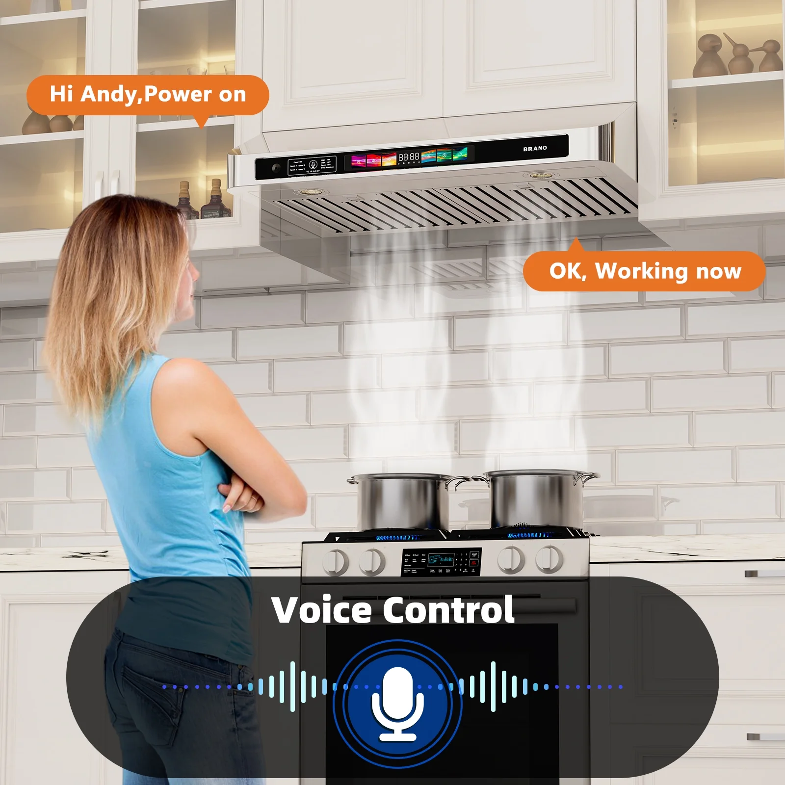 Brano 30 Inch 900 CFM Ducted Under Cabinet Range Hood in Stainless Steel with Voice, Gesture, and Touch Control