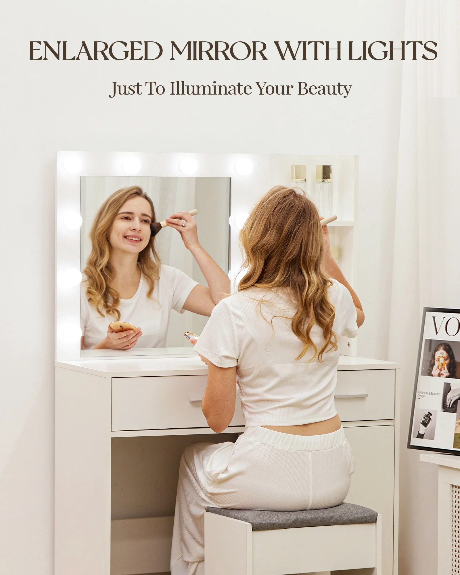 LIVELYGLOW Vanity Desk with Mirror and Lights, Makeup Vanity with Drawer & Storage Shelves, Cabinet, 3 Lighting Modes Adjustable Brightness,White