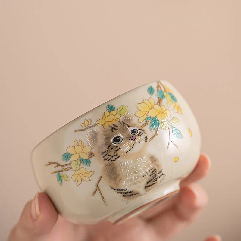 Buddha Stones Cute Cat Yellow Flowers Rabbit Teacup Kung Fu Tea Cup