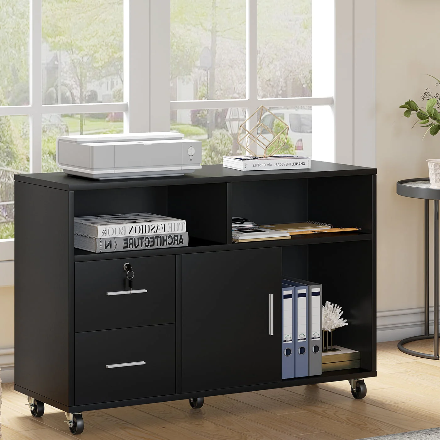 Dextrus 2 Drawer Wood File Cabinet, Mobile Lateral Filing Cabinet with Lock, Printer Stand with Open Storage Shelves for Home Office, Drawers Without Hanging Bars, Black