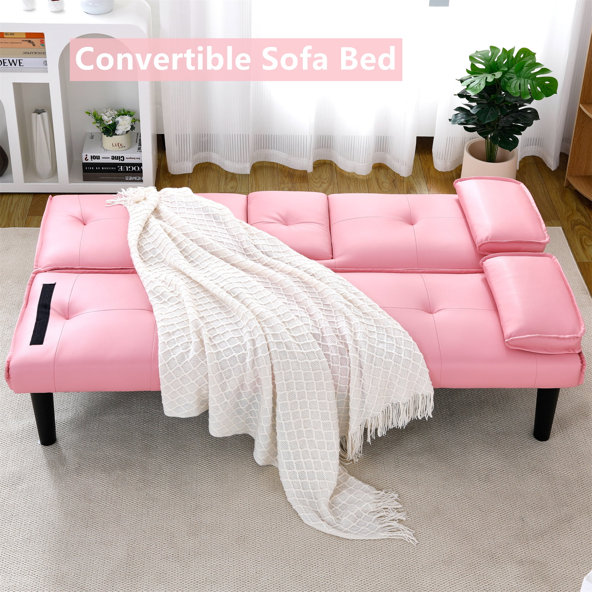 Aukfa Leather Futon Convertible Sofa Bed with 2 Cup Holders&Pillows, Twin Size, Pink