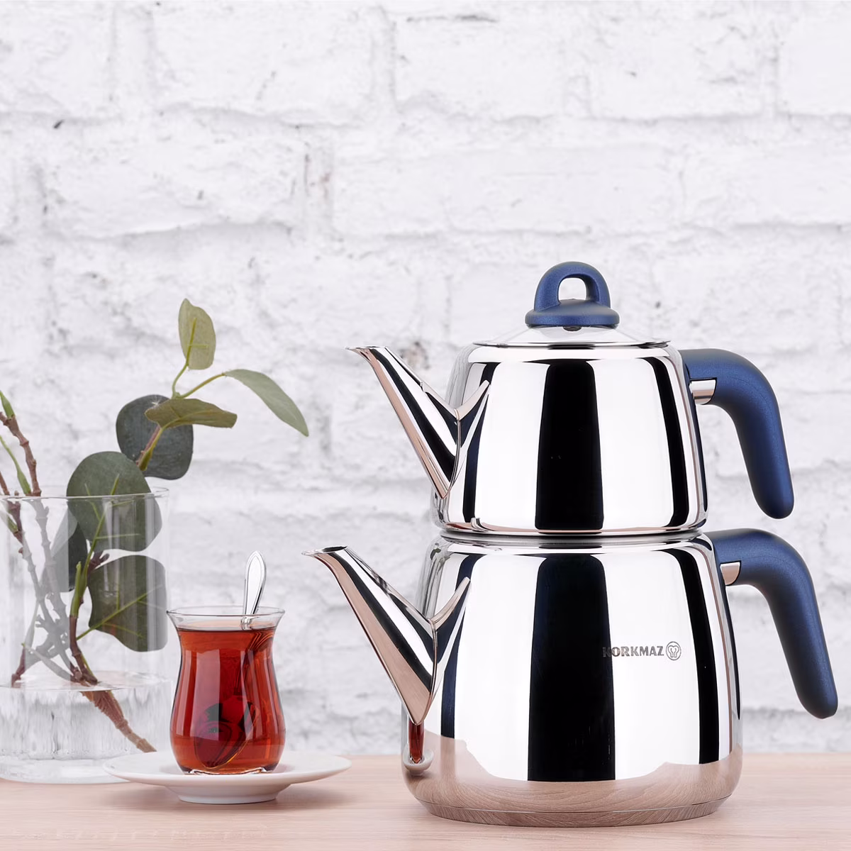 Korkmaz A045 Bella Nora Turkish Teapot Set for Stovetop,  18/10 Stainless Steel Double Tea Maker with Bakalite Handles, Samovar Style Tea Kettle with 33.9 Oz ( 1000ml) & 67.7 Oz (2000ml)
