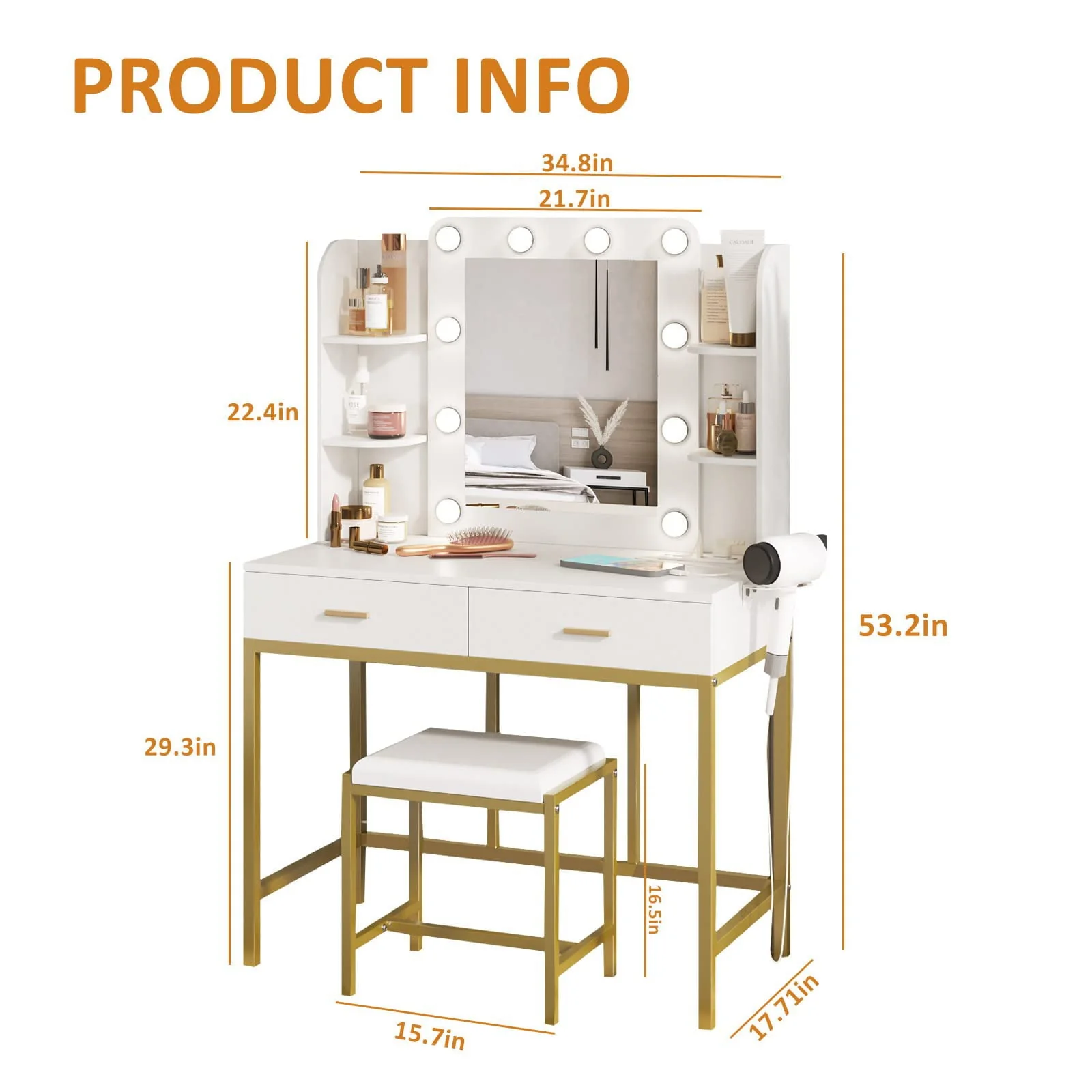 Makeup Vanity with Lighted Mirror & Power Strip, White Vanity Set Vanity Desk with Hair Dryer Holder, Modern Makeup Vanity 3 Lighting Colors, Brightness Adjustable, 35.5in(W)
