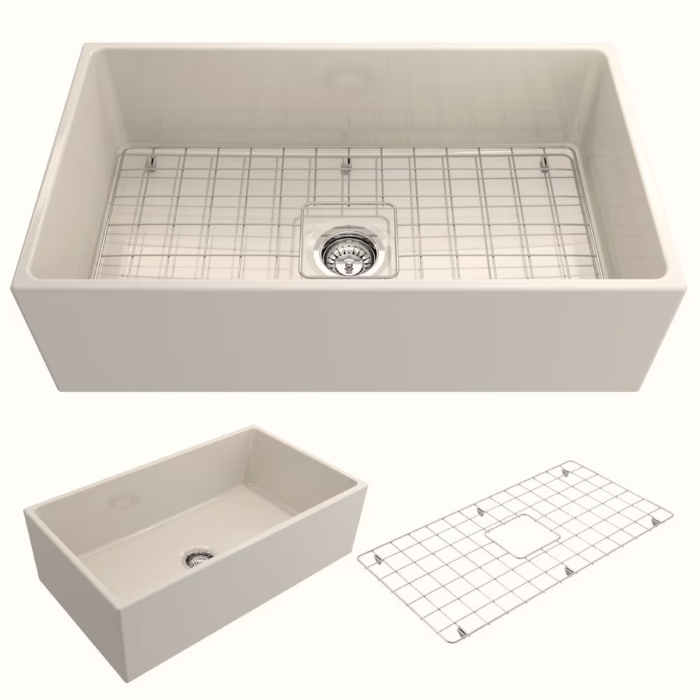 BOCCHI Contempo Apron Front Fireclay 33 in. Single Bowl Kitchen Sink with Protective Bottom Grid and Strainer in White
